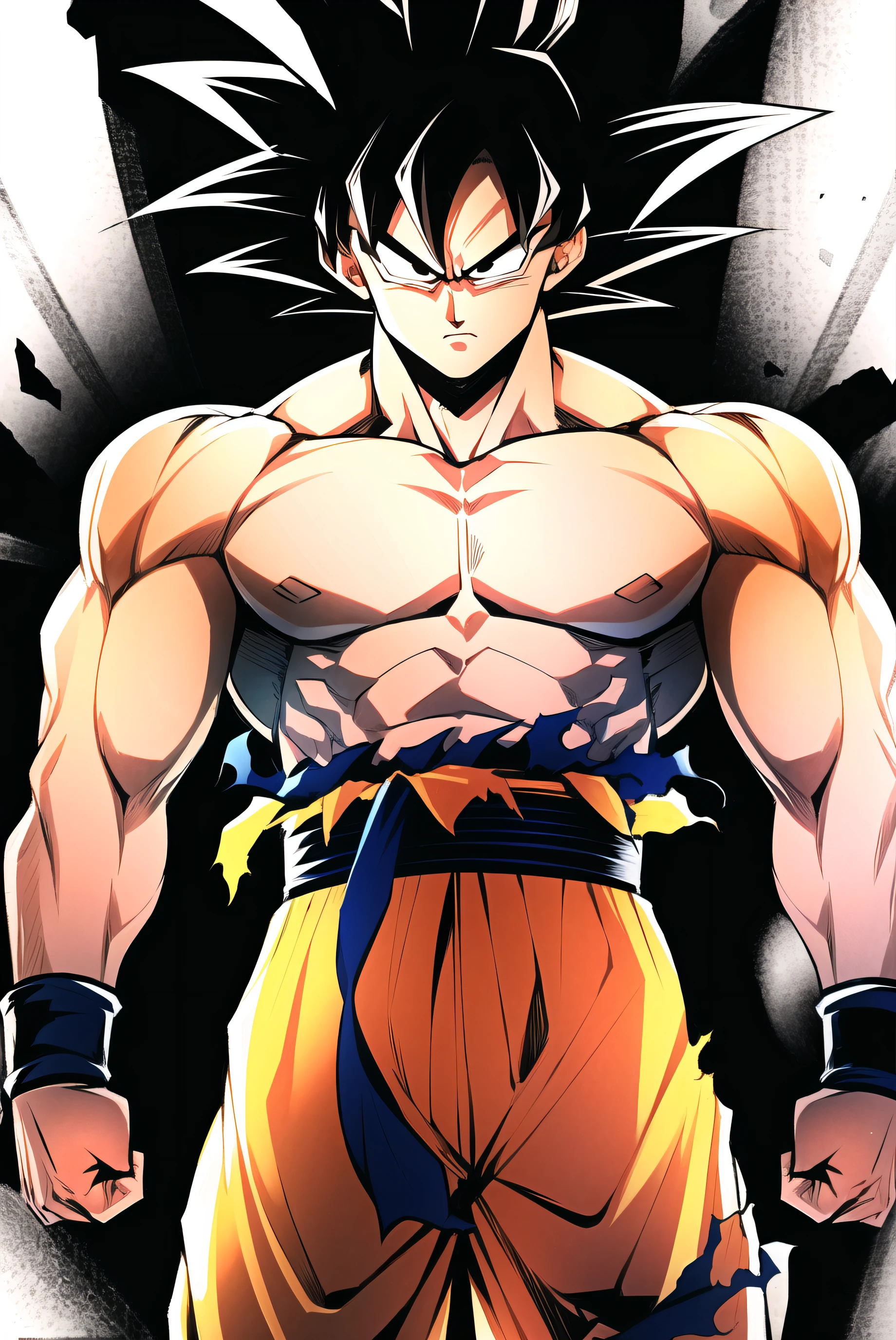 son goku, 1boy, closed mouth, male focus, muscular, muscular male, rock, sash, serious, solo, spiked hair, topless male, torn clothes, ultra instinct, black eyes, black hair, ((masterpiece))