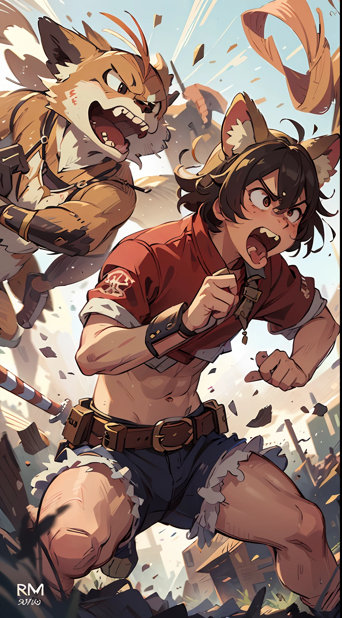 top quality, high-quality illustrations((masterpiece))An extreme perspective with a powerful composition, depth of field, motion blur, absurdres, Perfect Anatomy, magnificent picture of kemono fighting fierce battles, kemono, 1boy, solo focus, screaming, Anthro((dramatic))epic, weapon, dynamic pose, One scene of movie,