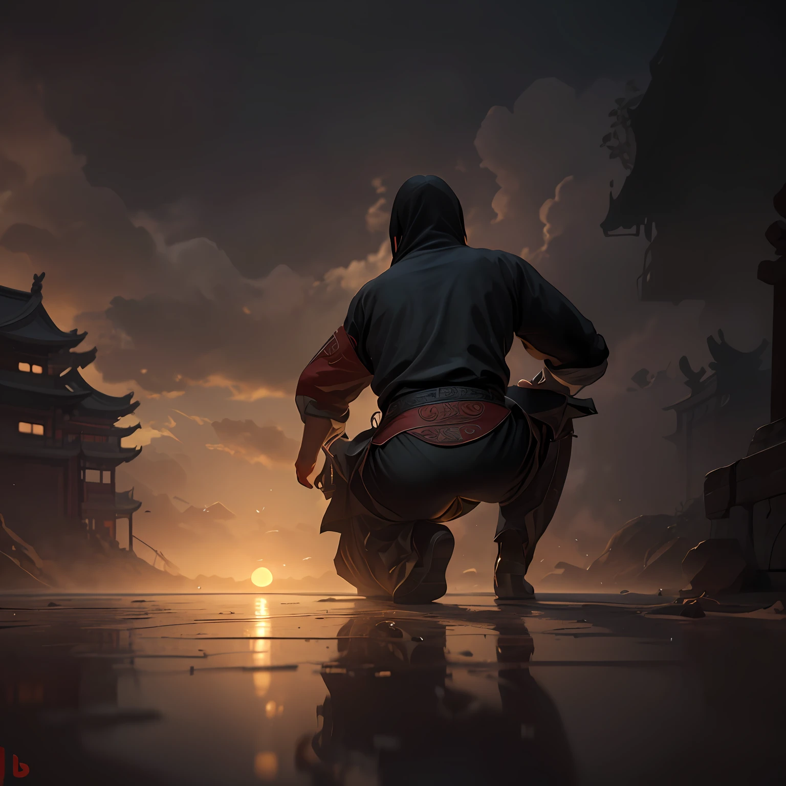 masutepiece, Highly detailed, Super realistic, 4K, 8K, Detailed background, Victorian style, (Ancient Chinese Style High Tower Room),(Ancient Chinese Assassins)、(Black clothe)、(facing back)、(Kneel down)、