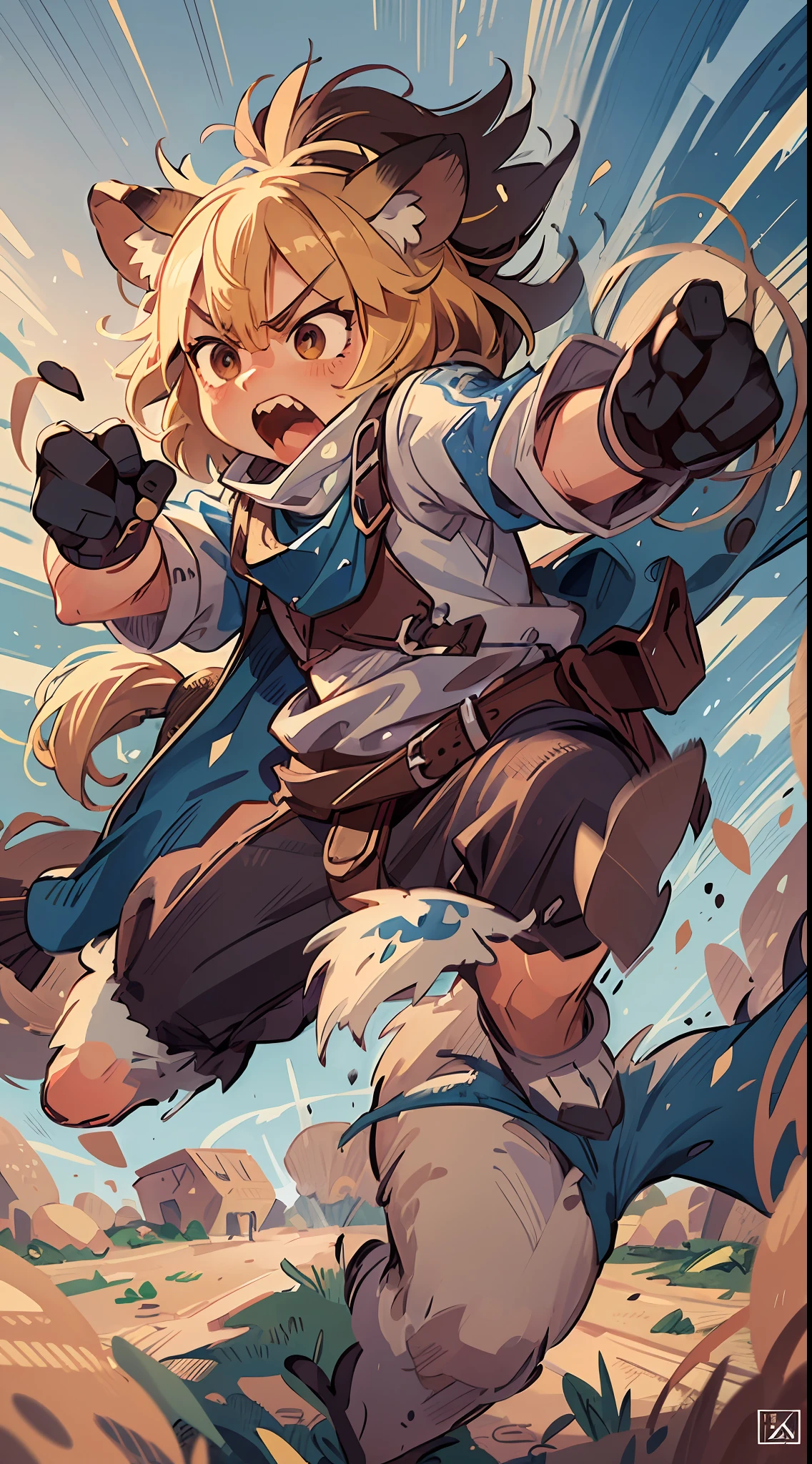 top quality, high-quality illustrations((masterpiece))An extreme perspective with a powerful composition, depth of field, motion blur, absurdres, Perfect Anatomy, magnificent picture of kemono fighting fierce battles, kemono, 1boy, solo focus, screaming, Anthro((dramatic))epic, weapon, dynamic pose, One scene of movie,