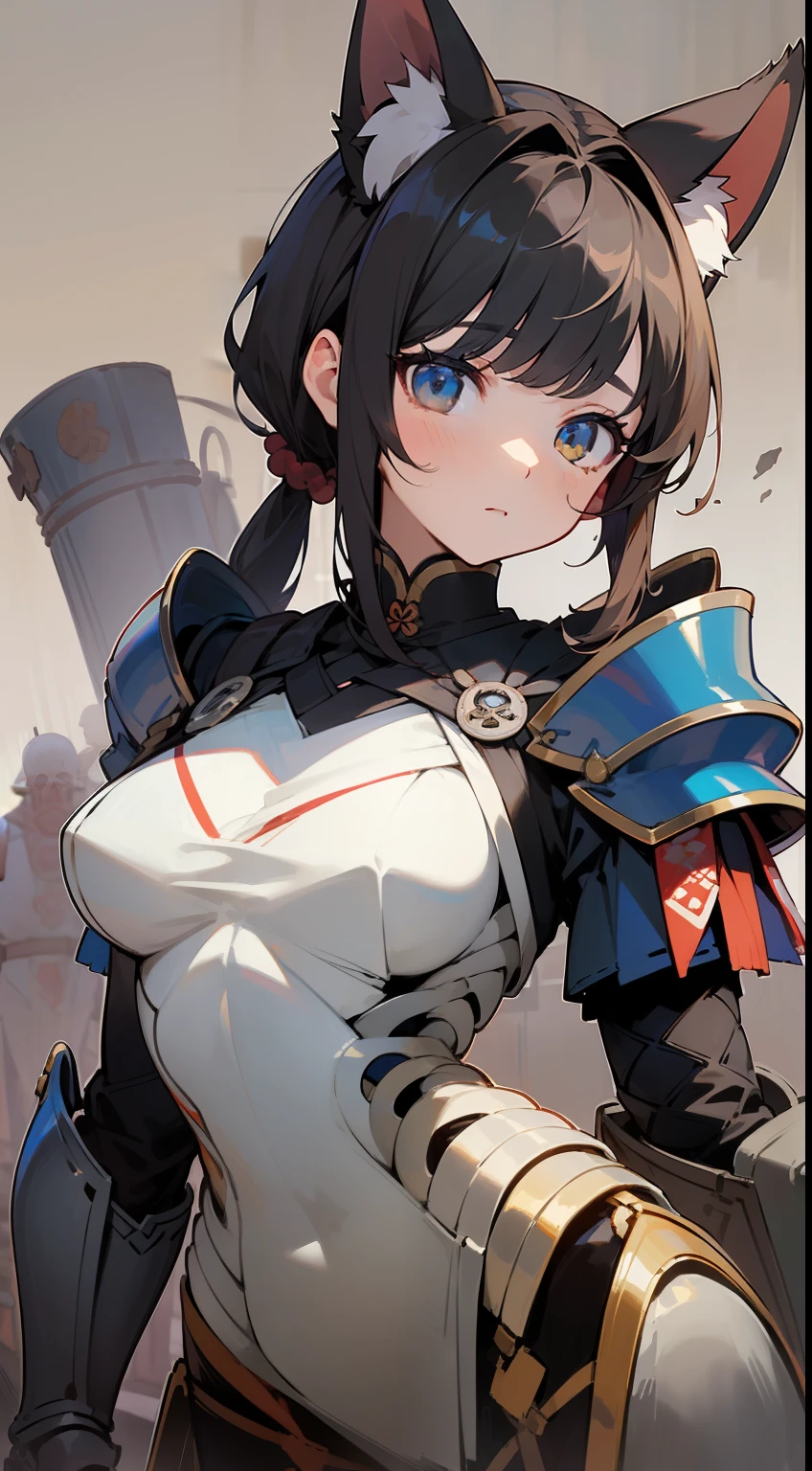 ((Master masterpiece)), ((Top image quality)), illustratio, The girls1Guys, Hair color, Bangs, Hairstyle Fax,Cat's ears、 slender、constricted hips、A dark-haired、poneyTail、Magnificently decorated Japan armor、Wearing a helmet、You will see a group of skeleton soldiers in Japan armor