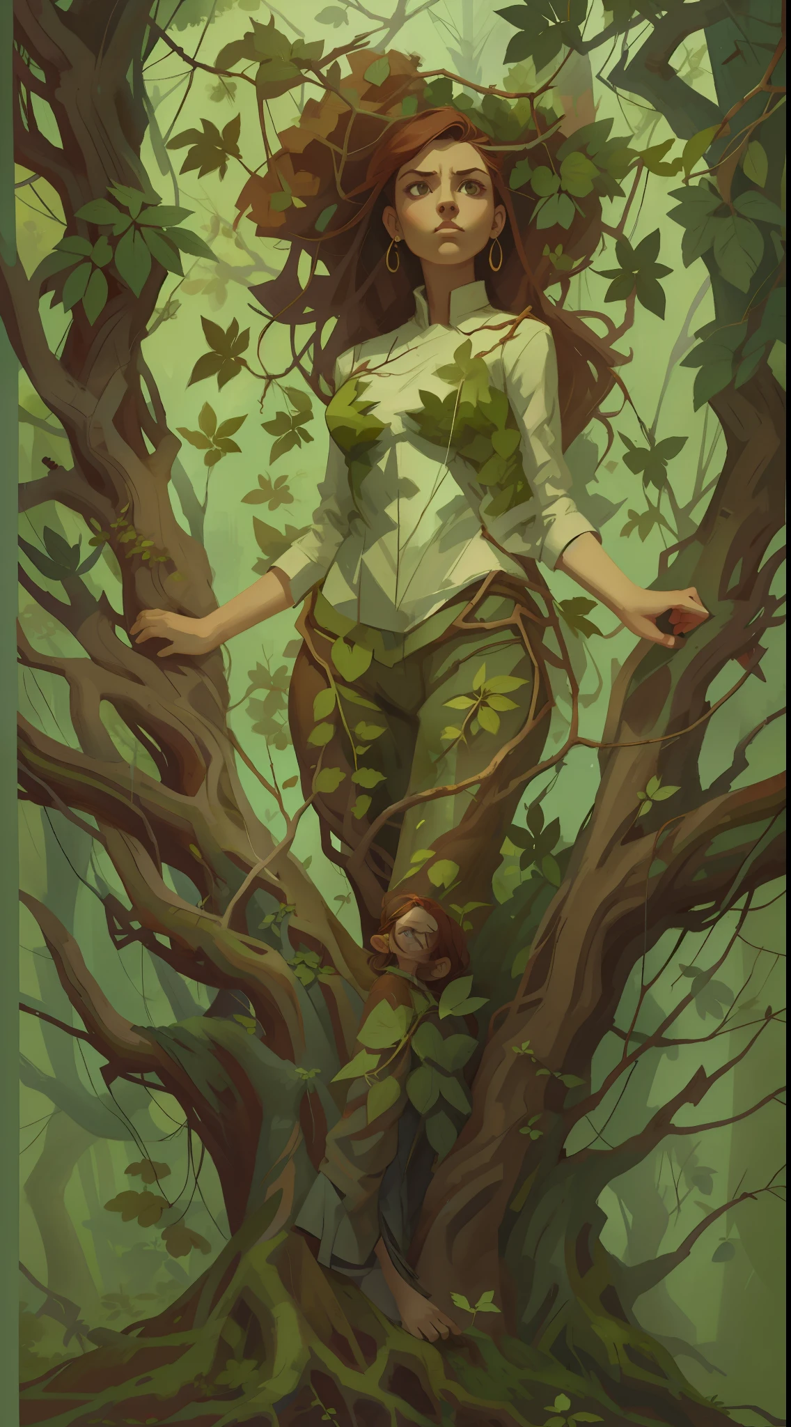 gouache painting portrait of a woman with furious face expression:1.5, full body:1.5, standing, high quality portrait, aesthetic portrait, poison ivy, envolved in roots, branches and foliage, solo:1.5, realistic natural skin, professional retouch, beautiful highly symmetric, misterious ambience, in RootsBranchesAI style, ZaUm, elysiumChar, 1girl, background with roots and branches