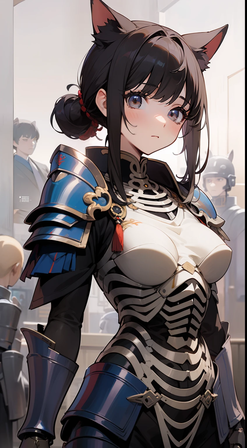 ((Master masterpiece)), ((Top image quality)), illustratio, The girls1Guys, Hair color, Bangs, Hairstyle Fax,Cat's ears、 slender、constricted hips、A dark-haired、poneyTail、Magnificently decorated Japan armor、Wearing a helmet、You will see a group of skeleton soldiers in Japan armor