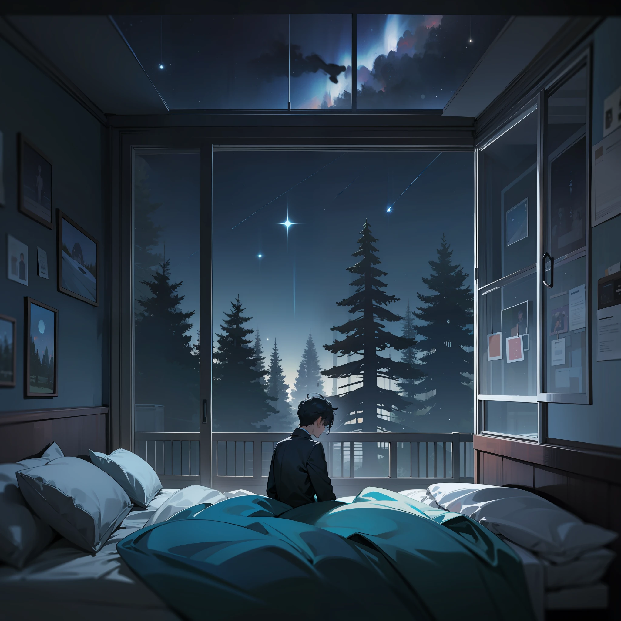 high-level image quality、4k、Room with large windows、Large bedroom、starrysky、Starry sky、grand、conifer、Big forest outside the window、deep in the night、darkened room、bedroom、futon bedding、kosmos、Starry sky seen from the window、Shadow of a person、One young man、silhuette、Fantastical、total darkness、dark sky、stele、The electricity is off、Inorganic room、Man Standing Outside Window、Inorganic room、