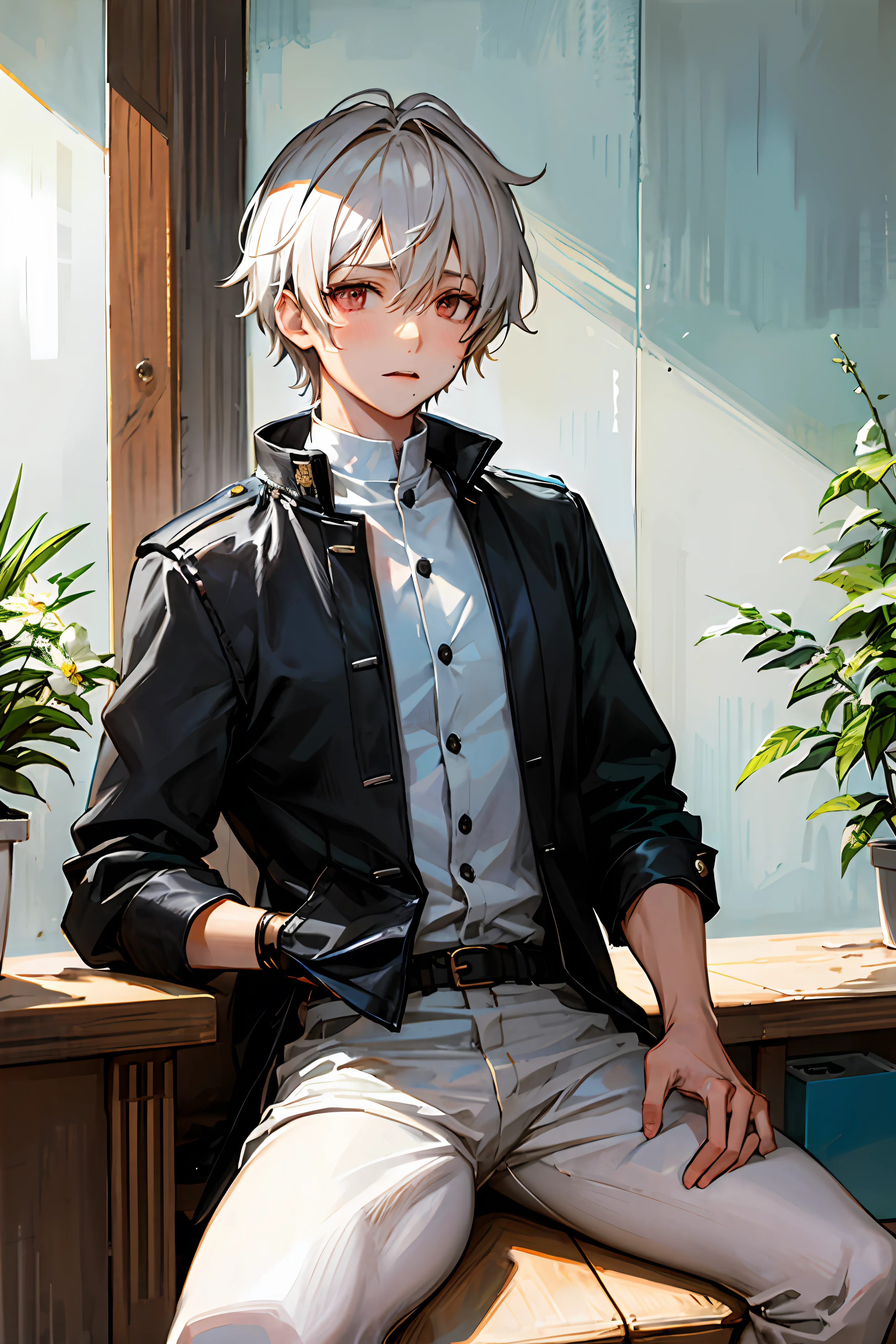 Little Shota，White hair，tear-mole，short detailed hair，gold-wire glasses，Red eyes，daggers，white business suit