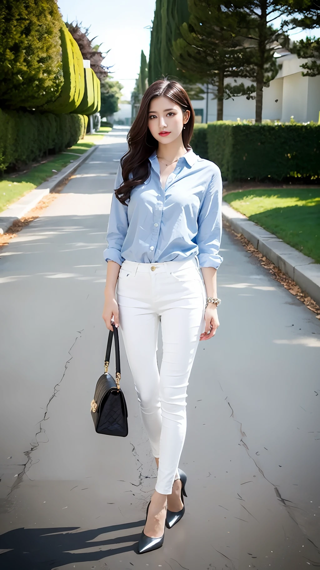 one-girl,Works of masters,HighestQuali,Highest image quality,8K分辨率,A beautiful 20-year-old girl,whitet-shirt,Blue skinny jeans,Black heels