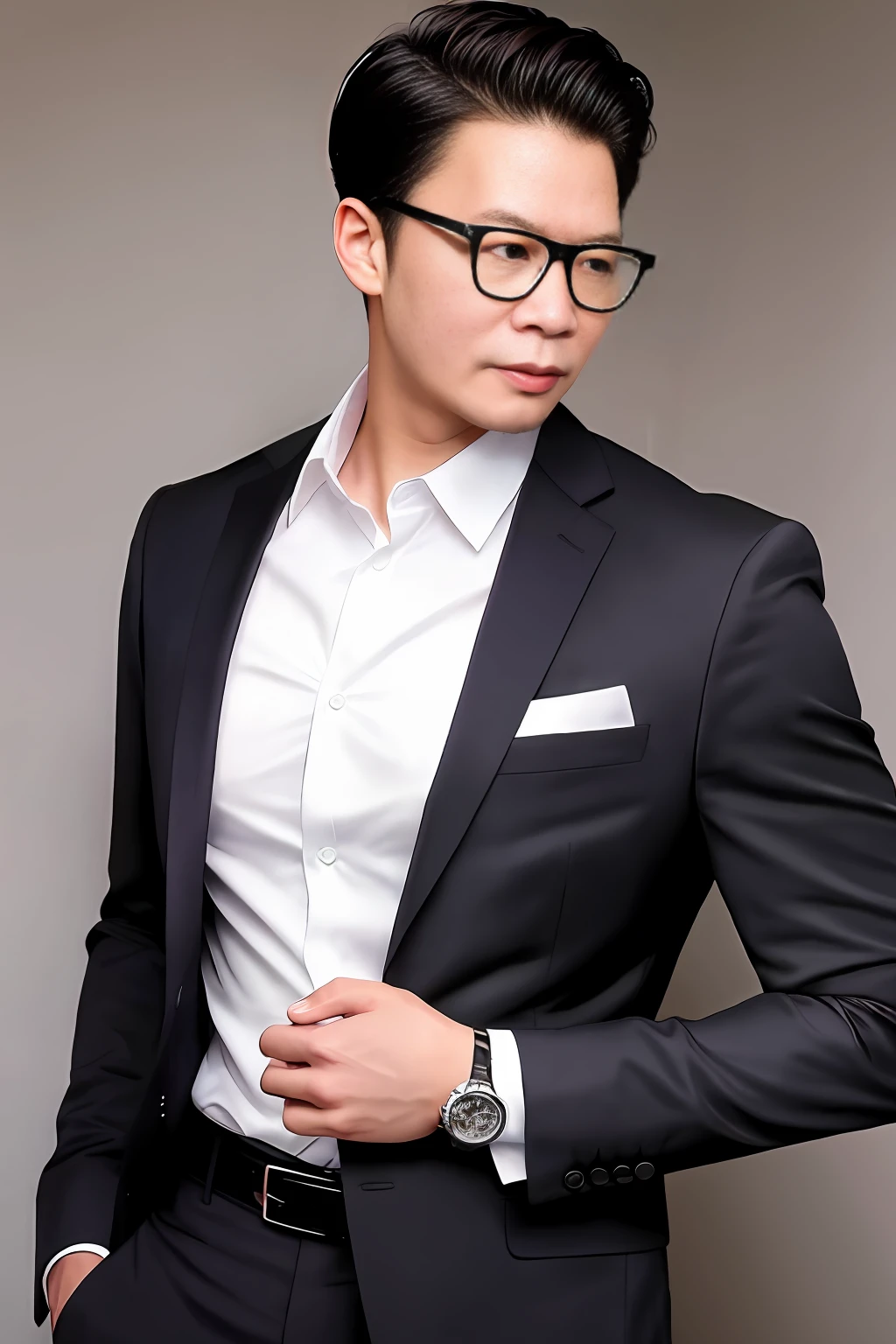 Close-up of a man in a suit and glasses, wearing a suit and glasses, handsome chad chin, Handsome man, Business suit,Wears black glasses, handsome and attractive, handsome and elegant, Handsome male, wearing white suit and glasses, rick dai, dressed in a suit, inspired by Kim Eung-hwan, Attractive man, wearing a stylish men's suit, ryan jia