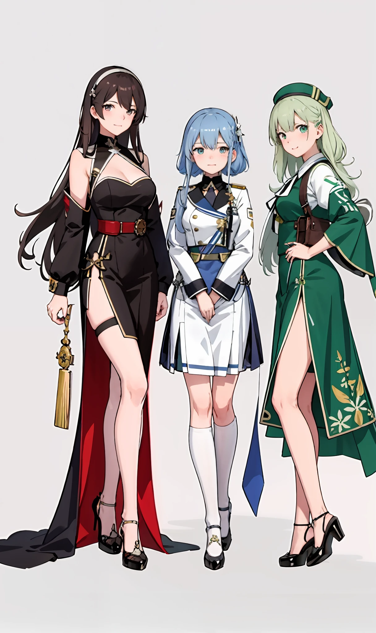 Three women dressed in green and white pose for a group photo, 《azur lane》role, Official artwork, Anime girls, Guweiz in Pixiv ArtStation, Elves, high detailed official artwork, offcial art, Pisif 3DCG, at pixiv, Pisif, Guviz, azur lane style, eechi, :: rossdraws, the original god,Holding urine,adolable,High picture quality,Background of the Royal Palace