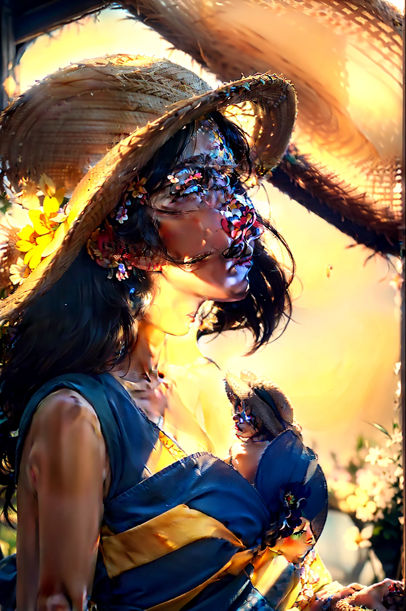 (extreme close up:1.5), (face focus:2),(Style of ???? ???:1.5),
((side face:2)),(1girl surrounded by soft_light:1.5), (backlighting:1.8), (lighting),(flowing fabric:1.3), ((Floral_summer_dress:1.5),(Straw_hat:1.3)),
(masterpiece), realistic, HDR, highly detailed, 8k, raw photo,
ambient occlusion, natural, harmonious composition, warm tones, fine art photography,