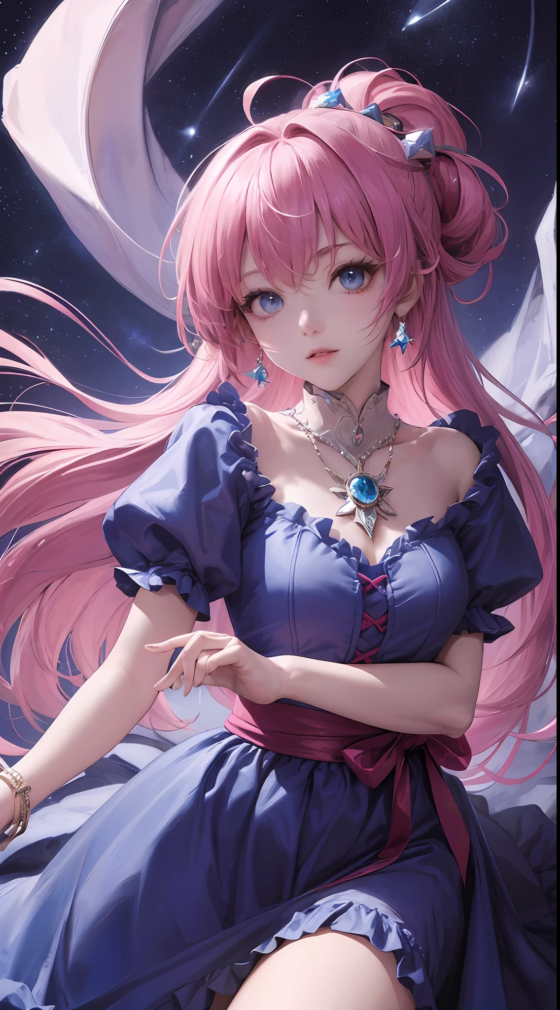 Dark Magician Girl、MKSKS style、2guys、(highly detailed back ground:1.0)、(highly detailed back ground:1.0)、masterpiece、top-quality、An ultra-high picture quality、16 K、Blue eyes、From above、Put your hands between your legs、The upper part of the body、Sitting in a plush chair、Twisting the body、Hair ornament with emerald、Reddish cheeks、laugh、(1/2 pink and 1/2 Light blue hair、rainbow-colored hair)、(Colorful dress with a lot of draping、Rainbow dress:1.3)、Fur muffler、Silver necklace、Silver bracelet、Bad hands, bad finger, Missing fingers, Extra fingers、(Blowing in the wind:1.4)、(Ray-like pattern:1.4)、(neon-light-effect:1.2)、Aurora、night sky full of stars、shooting stars、fullmoon、natta --auto