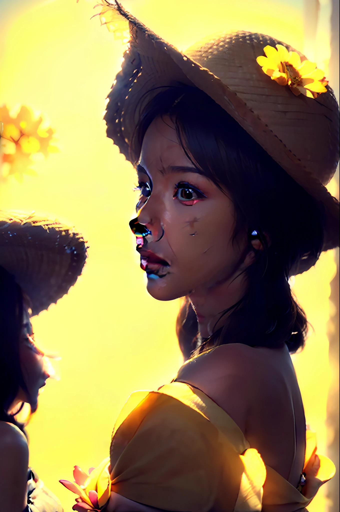 (extreme close up:1.5), (face focus:2),(Style of ???? ???:1.5),
((side face:2)),(1girl surrounded by soft_light:1.5), (backlighting:1.8), (lighting),(flowing fabric:1.3), ((Floral_summer_dress:1.5),(Straw_hat:1.3)),
(masterpiece), realistic, HDR, highly detailed, 8k, raw photo,
ambient occlusion, natural, harmonious composition, warm tones, fine art photography,