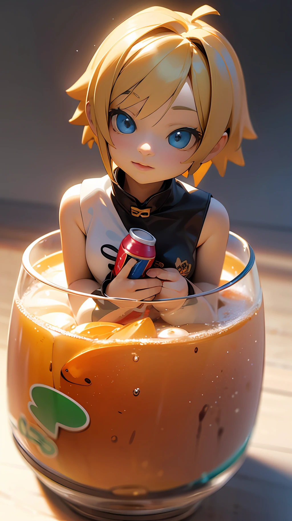 Anime girl drinking soda blonde hair blue eyes, render of a cute 3d anime girl, soda themed girl, cute 3 d render, anime girls drink Energy drink, style as nendoroid, Cute anime girl, small loli girl, Realistic anime 3 D style, Cute detailed digital art, Anime style. 8K, photorealistic anime girl rendering --auto