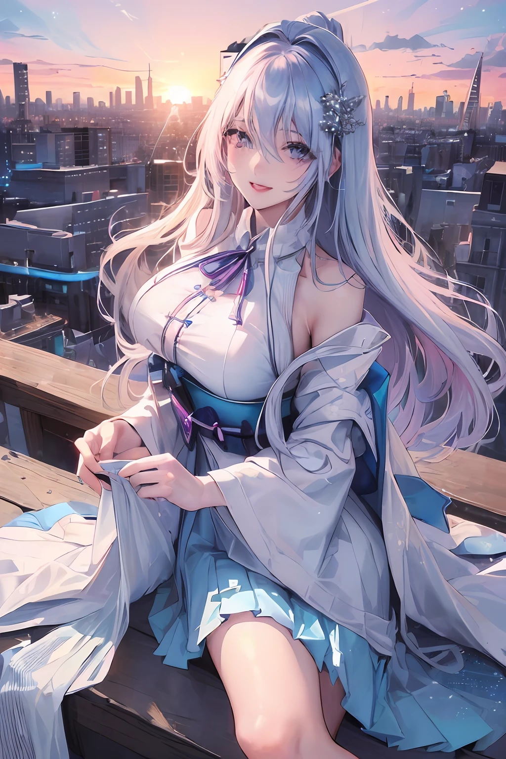 official art, masterpiece, sharp focus, (beautiful gorgeous cute Korean woman:1.3), (beautiful cute korean:1.3), korean beauty, Delicate and beautiful hair and eyes and face, realistic, ultra detailed, beautiful girl, blue sky, glow white particle, (sidelighting:1.2), sun light, white cloud, detailed clouds, slender, Lovely very large breasts and very large hips, smile with teeth, ((smile with eyes, open both eyes)), scenery, long straight hair, sexy facial expression, building, (cityscape:1.7), dynamic hair, long straight hair, detailed platinum pink hair, glow blue eyes, (blue pleated shirts + white skirt), white long socks, pale skin, hair ornament, epic scenery,