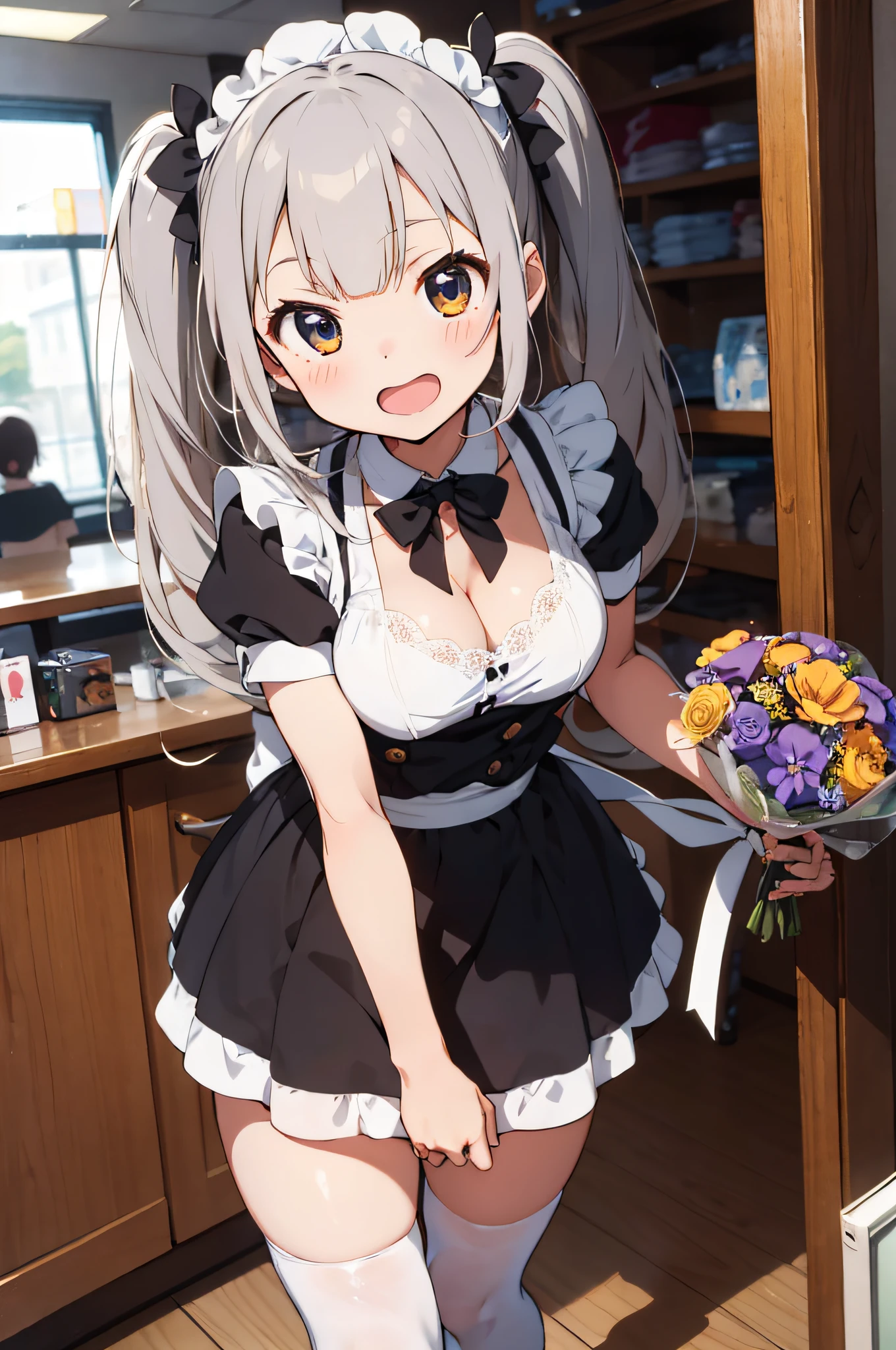 masterpiece, best quality, ultra-detailed,(****),sel anime, ,anime moe art style,animated style illustration, (beautiful eyes), ((cute)), cute, (lovely),, , shiny skin, ,ultra high res, 
1 girl,full body,,smile,maid,,short sleeves,miniskirt,indoor,cleavage of the breast,thigh,white panties,,blunt bangs,zettai ryouiki,dynamic pose,twintail,silver hair,small tits,20yersold,Maid Cafe,looking away,(((Holding a bouquet))),open mouth,orangeeyes