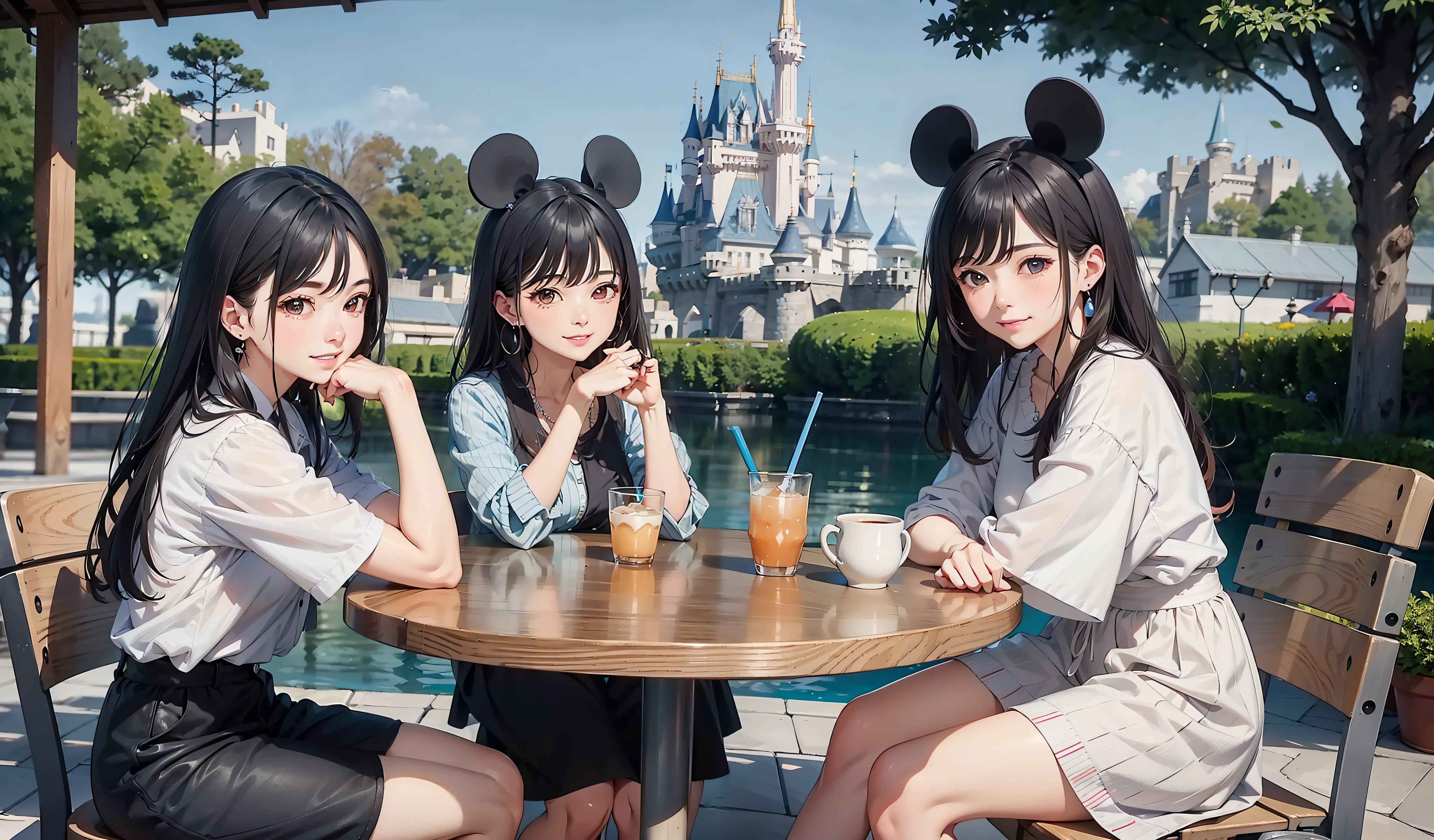 Three women sitting at a table with a drink in front of the castle, Disney land, Disney land, by disney!!, F / 2 0, Disney Disney, The background is Disneyland Castle, Drink, Lifestyle, colored milk tea, trending ,, disney and kyoto animation, postprocessed), taken in 2022, 3delight, photograph taken in 2 0 2 0、top-quality、Spring clothes、Mickey Mouse ears、Ribbon earrings