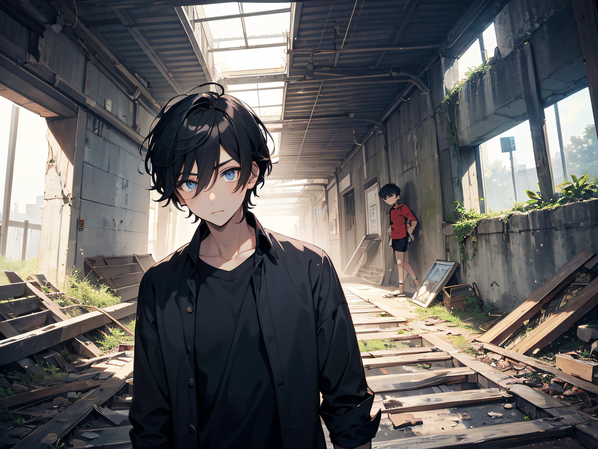 Cartoony,(The boy),Male focus,Dark hair,Blue eyes,Hair is sandwiched between the eyes,looking at viewert,bachelorhood,longer sleeves,short detailed hair,Black shirt,Blackn clothes,(Stand in a dilapidated tunnel1.5)
