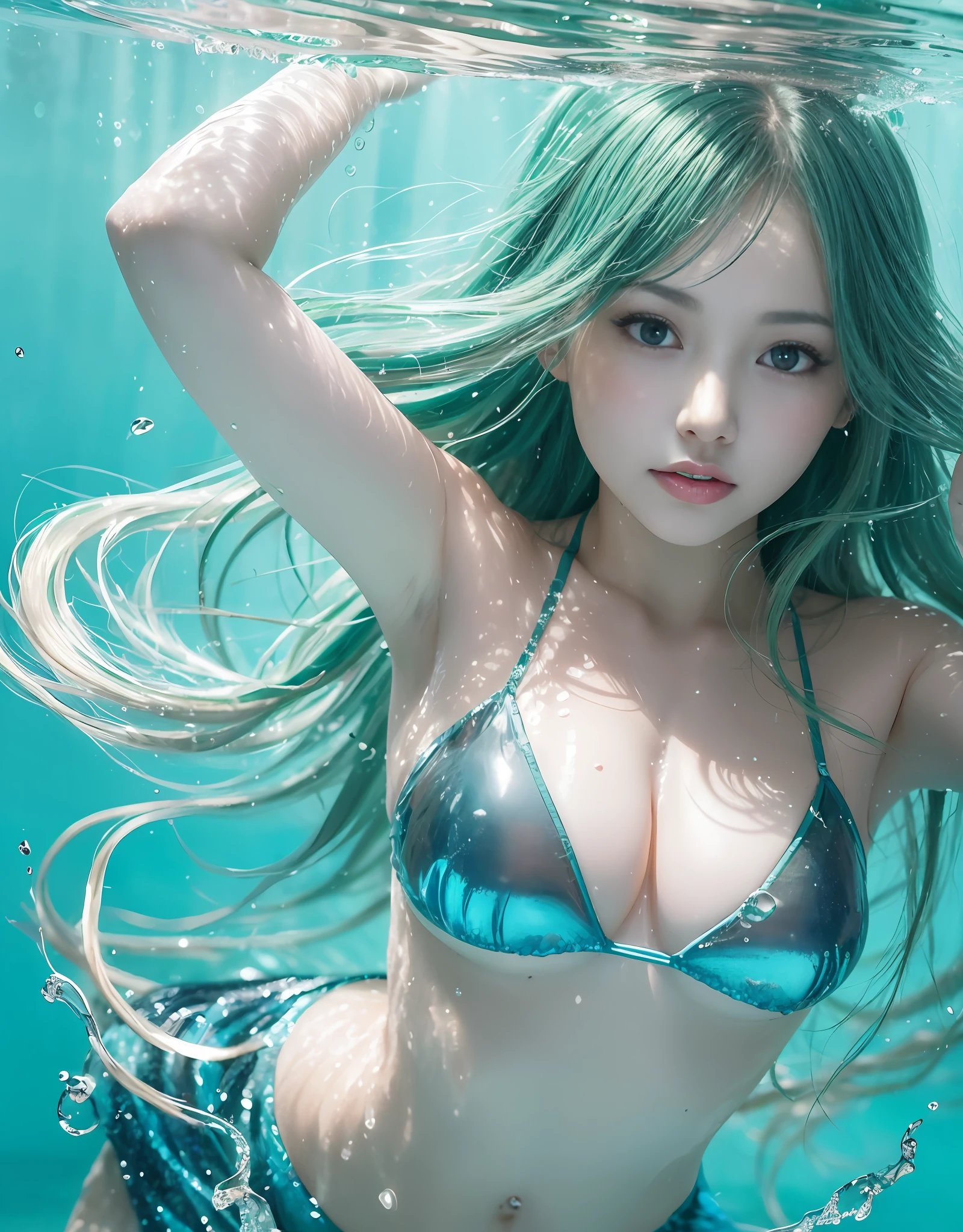 「It depicts the beautiful beauty of swimming in crystal clear water。She moved freely in the water.、Swim gracefully while feeling the power of the water。
green colored hair。mole。
Crystal clear water、Sparkling sunshine、reflect。There are underwater plants and fish around the beauty、A colorful marine ecosystem envelops her。Less susceptible to gravity in water、Her movements are graceful and light。
The figure of beauty may be floating on the water。Her hair flowed wet、Dance like a curtain of transparent water。Her expression was calm and、It's as if you're enjoying a free presence underwater...........。
This prompt is、It aims to depict the figure of a beautiful beauty swimming in the water。Her grace or freedom of movement、Visual representation of water transparency and light reflection。Her facial expression and hair flow、By depicting harmony with the underwater ecosystem、Create a scene that enhances the charm and beauty of water。」green colored hair。greenhair。Green hair。a miniskirt。