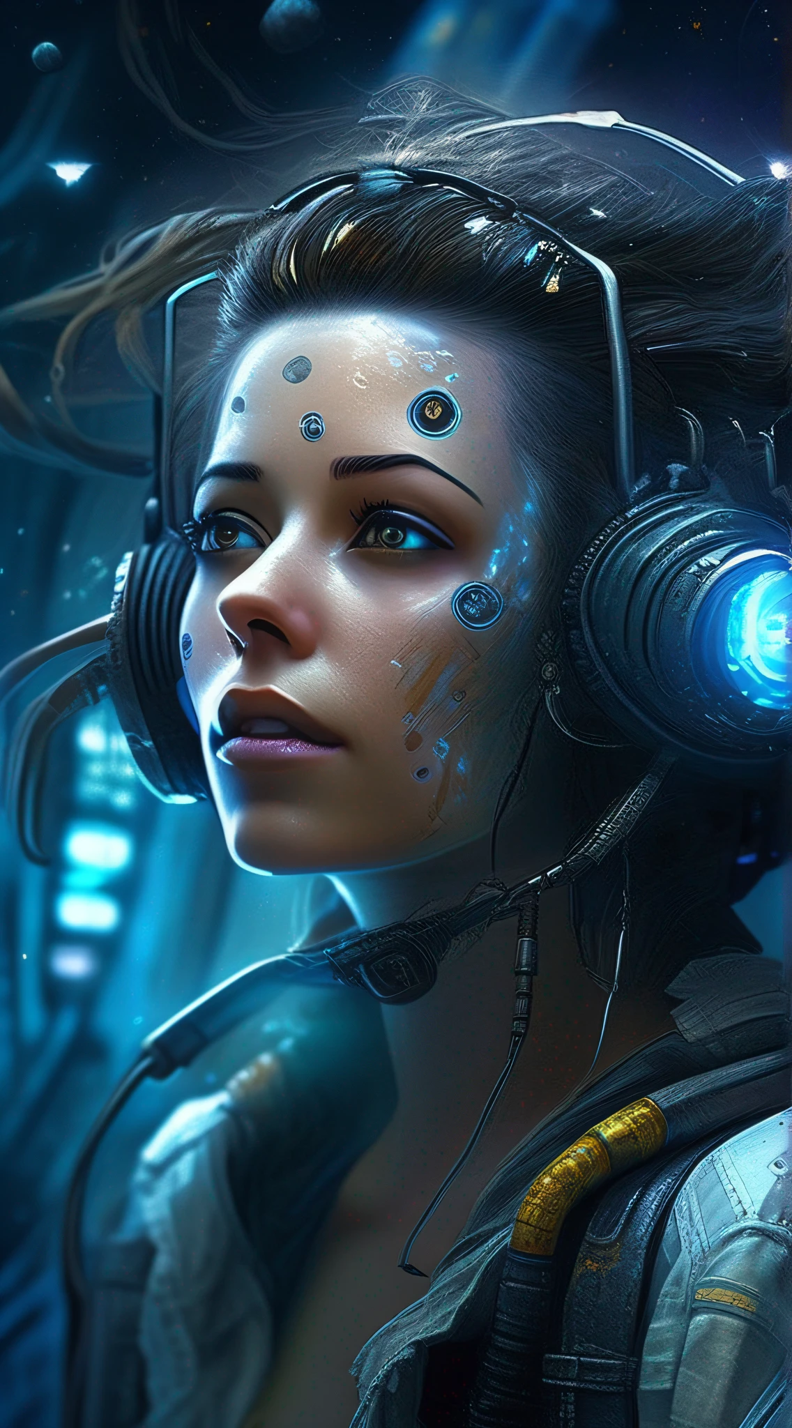 cyberpunk time traveler, carbon,astral,Full-length portrait of a photorealistic beautiful woman, Stunning realistic photography,Hyper-realistic cover, Stunning full-color photography, Intricate . hit definition, Cinematic,Jean-Baptiste Monge style, galaxy, stars, planets, alien spaceships in the sky, splash, lights, magic, slap, bright, cinematic, system block, smoke, artillery, sparks, Brilliant, filigree, edge lighting, surreal, fantasy , insanely detailed, clear vision, Full HD, 16k, photo realism, 32k