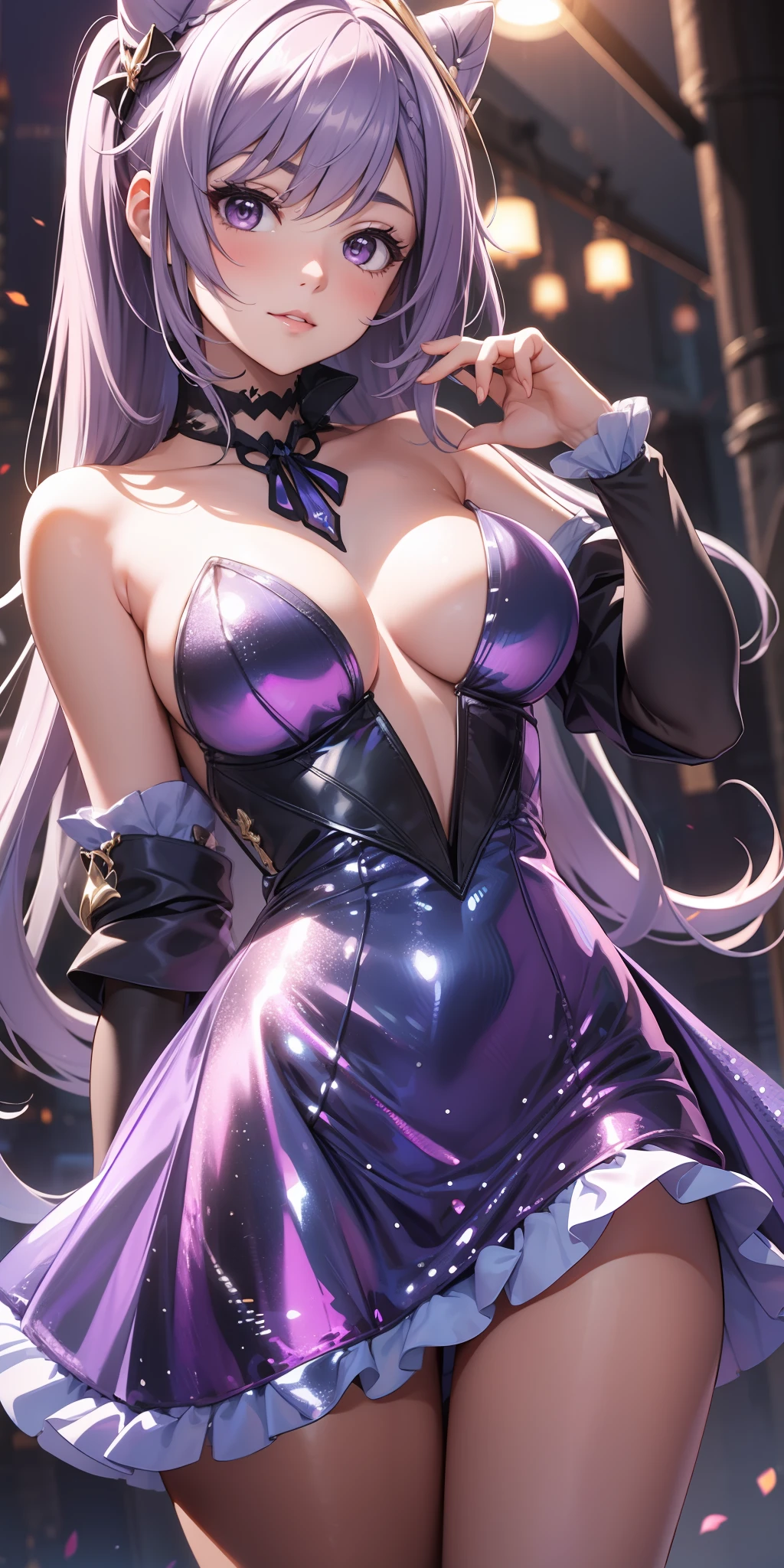 Beautiful sexy girl in a sexy purple-silver-lavender sequin party dress, shiny, stylish