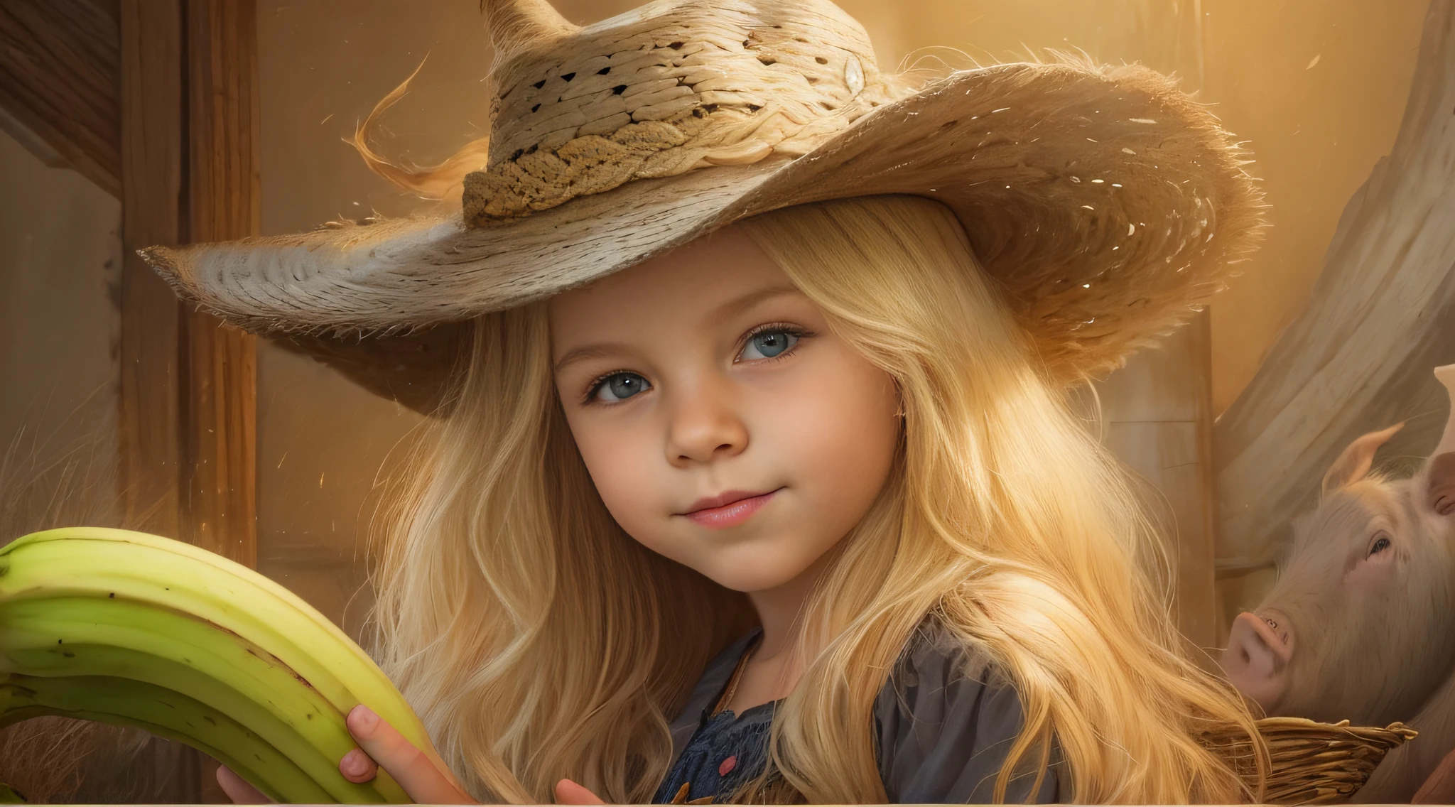 There is a BLONDE CHILD GIRL , wearing a hat and holding a bunch of bananas, beautiful cowboy witch, cowgirl, portrait of a young witch, cow-girl, cowgirl, with straw hat, portrait of a young witch, Masha Krasnova, with pig's tails.