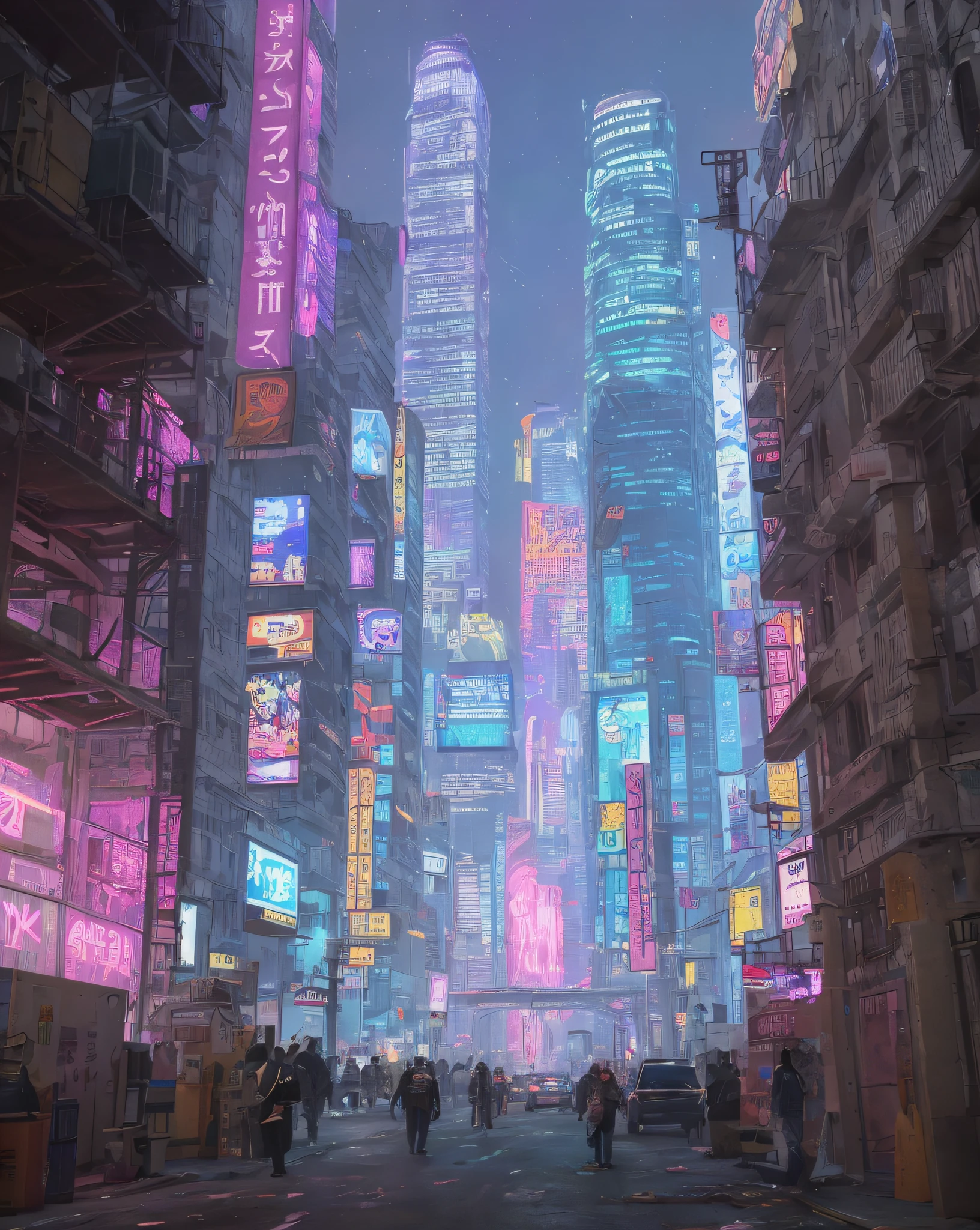 cyberpunk city, A futuristic cityscape with elements of sci-fi and Wes Anderson's signature style. The image has a 16:9 aspect ratio and is captured in a symmetrical, high-saturation design style.
The city is rendered in a bright, bold color palette, with pops of neon pink and vivid blue contrasting against a deep, rich black background. The buildings are tall and sleek, with clean lines and sharp angles that echo the futuristic aesthetic of sci-fi films.
The city is bustling with activity, with futuristic cars soaring through the sky and robots moving about their tasks, while citizens navigate the busy sidewalks below. The scene is full of life and energy, with the futuristic architecture creating an almost surreal, dreamlike atmosphere.
Wes Anderson's signature style is evident in the symmetrical composition and carefully balanced design of the image. Every element is perfectly placed to create a sense of harmony and unity, while at the same time, the futuristic elements of the scene create an atmosphere of excitement and possibility.
The image is a striking representation of a possible future world that combines the imaginative elements of sci-fi with the eclectic, offbeat style of Wes Anderson, producing a symmetrical, colorful, and exciting scene that is both awe-inspiring and inspiring.
