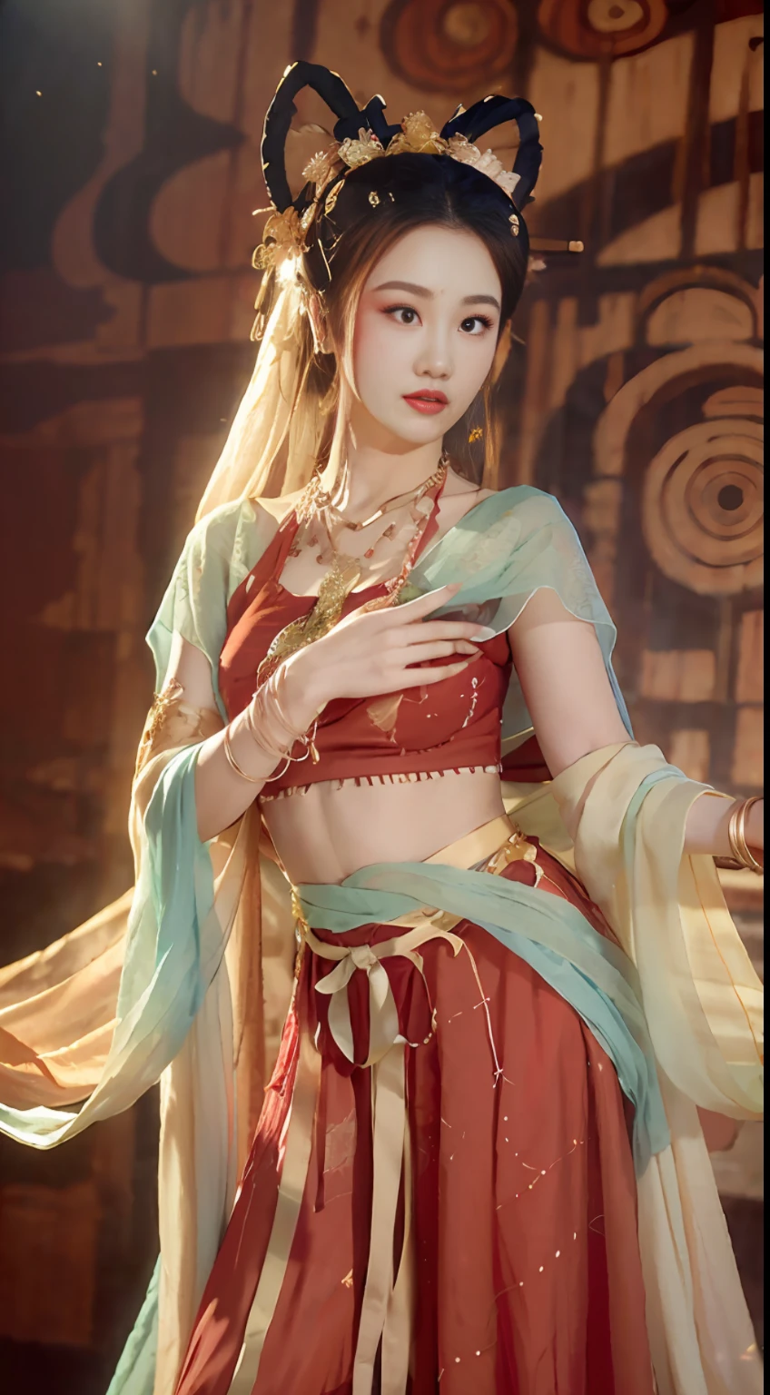 (8k, RAW photo, best quality, masterpiece:1.2), (realistic, photo-realistic:1.4), (extremely detailed CG unity 8k wallpaper), (1 girl:1.5), Western beauty, (Red clothes: 1.4), red spots on forehead, pale skin, blush, big eyes, full body, thighs, open navel, gold waist chain, gold jewelry, flying ribbons, particles, background is Loulan ancient city, ancient city wall, desert, dance, dunhuang_dress, dunhuang_style,