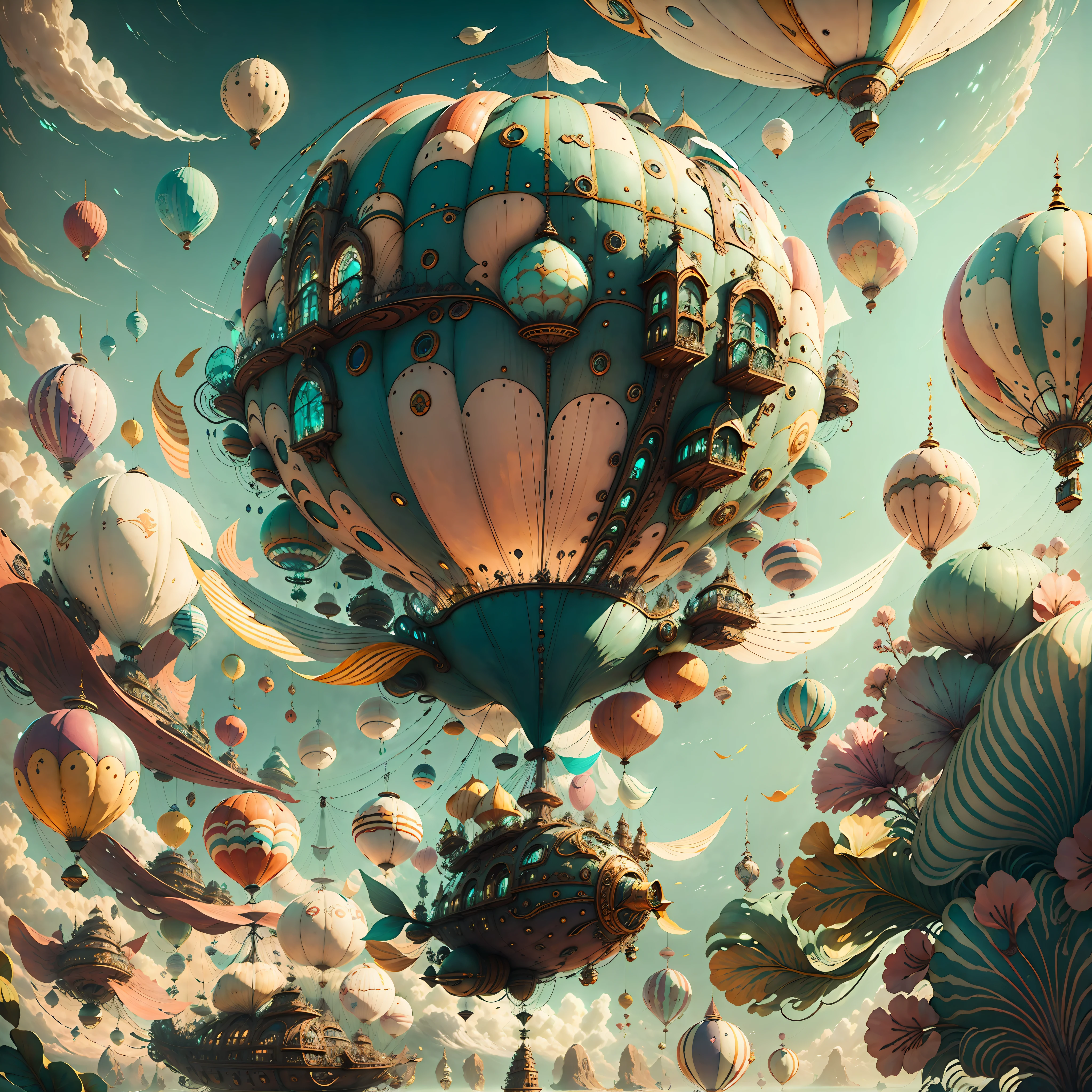 FairyTaleAI Airship, hot air balloon, Airship ZonaiIAI,, ao ar livre, nuvens, oceano,  obra-prima, trend, 8k