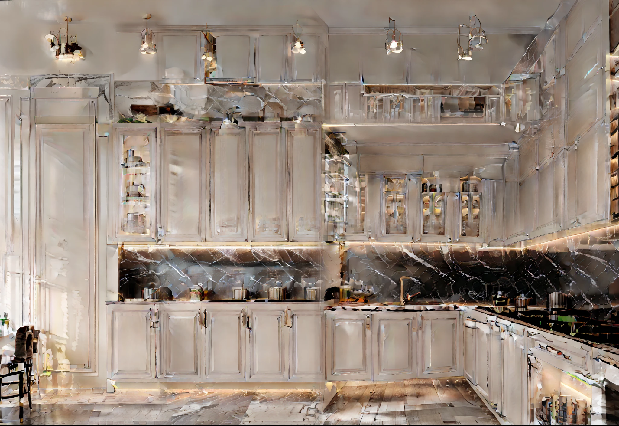 kitchen cabinets, mixed colors, glass kitchen tiles, led lights, light antique style