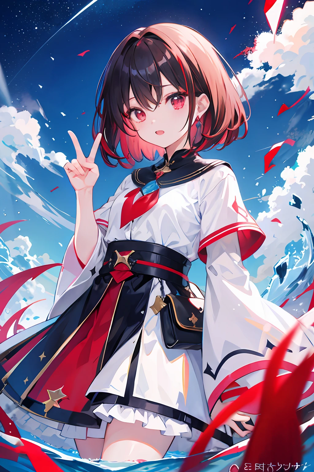 One girl、A dark-haired、red eyes、Medium hair、cute little、double tooth、piece sign、Glitter、Beautiful sky、Stand above the surface of the water、a very cute、