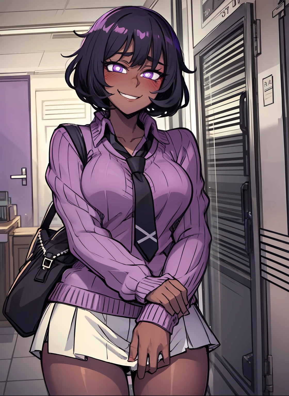 dark skin, short purple black hair, purple pupils, love in eyes, blushing, cute, smug, smile, rolling eyes, sweater purple, green necktie, short skirt, long sleeves