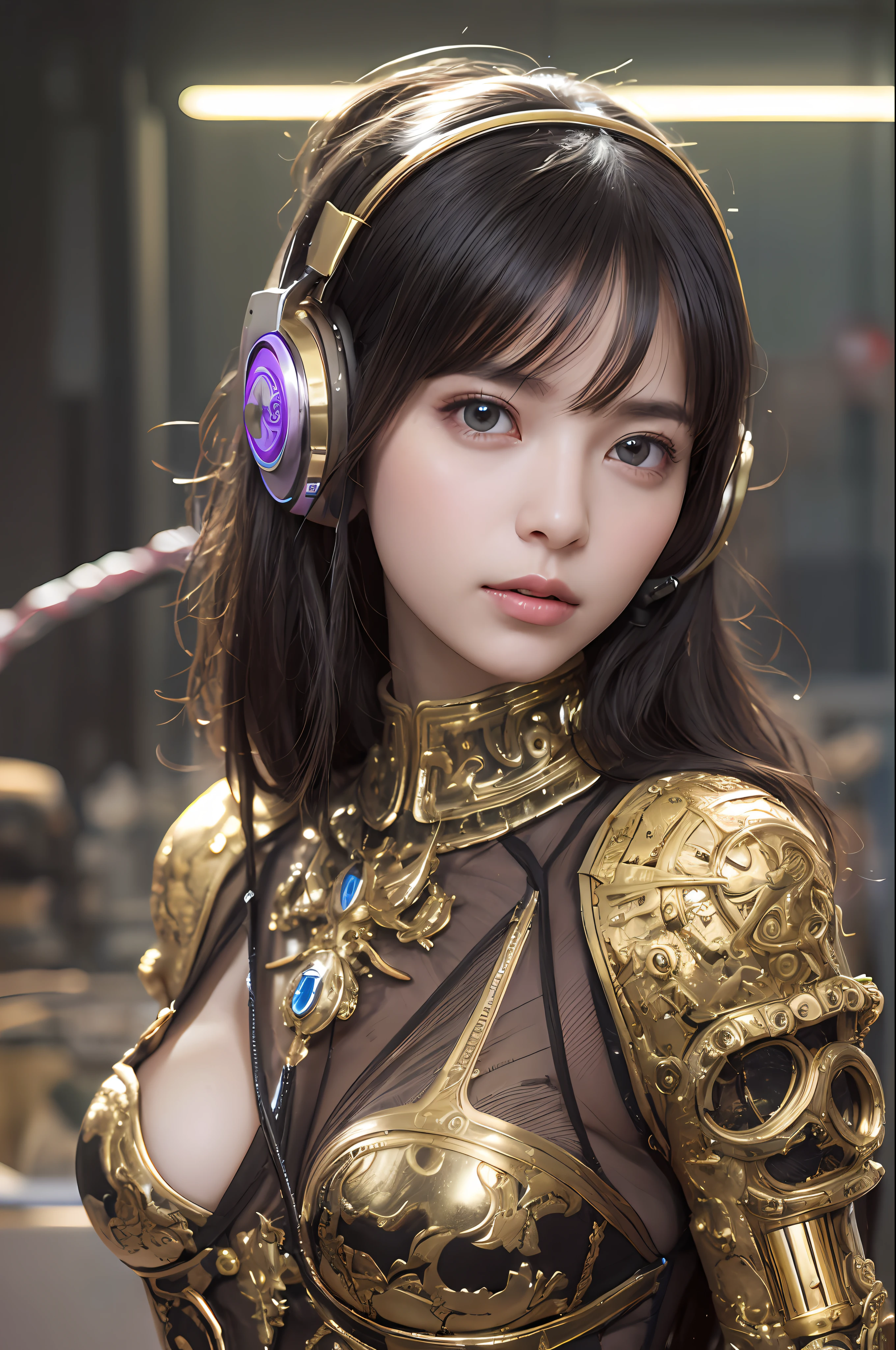 top-quality、​masterpiece、超A high resolution、(Photorealsitic:1.4)、Raw photo、Black hair、glowy skin、1 Mechanical Girl、((super realistic details))、portlate、Global Illumination、Shadow、octan render、8K、ultrasharp、Colossal tits、Raw skin is exposed in cleavage、Steampunk Girl、Black fiberglass body、Details of intricate ornaments of golden color、Gothloli details、Analog Meter、gear、screw、Golden hydraulic cylinder、highly intricate detail、Realistic light、CGSoation Trends、a purple eye、radiant eyes、Facing the camera、neon details、blood vessels connected to tubes、Mechanical vertebrae attached to the back、mechanical cervical attaching to neck、sitting on、Wires and cables connecting to the head、Gorgeous headset、Glowing LED lamp、The background is a steampunk room、