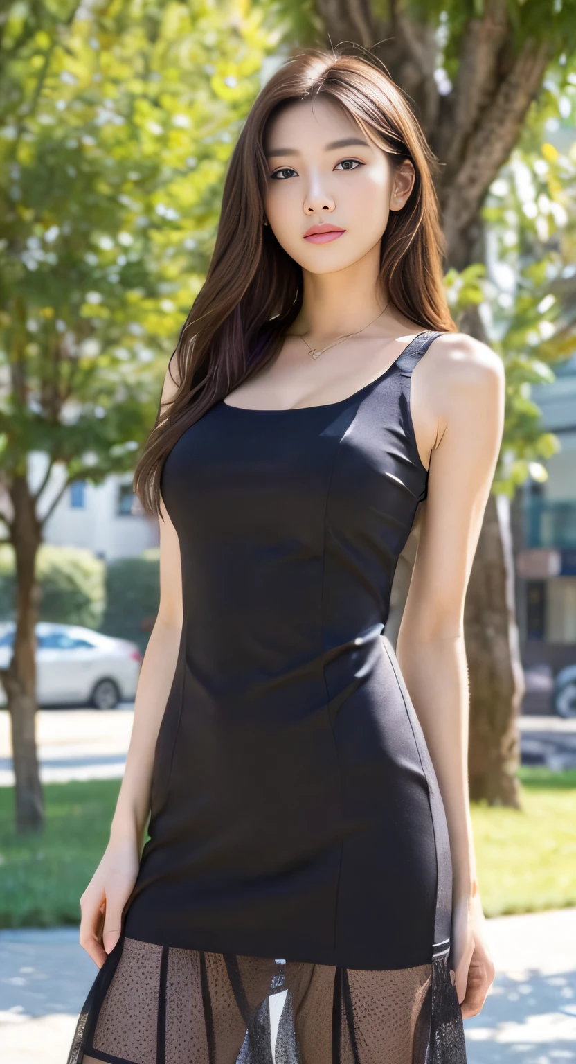 (In the daytime, Need, 8K, tmasterpiece:1.3)), full bodyesbian, Long legs, Focalors:1.2, perfect figure beautiful woman:1.4, Slim abs:1.1, ((Dark brown hair, large tities:1.2 )), (shift dresses，,standing on your feet:1.2,), ((The tree,mont :1.3)), Highly detailed facial and skin texture, A detailed eye, 二重まぶた，Flying long hair