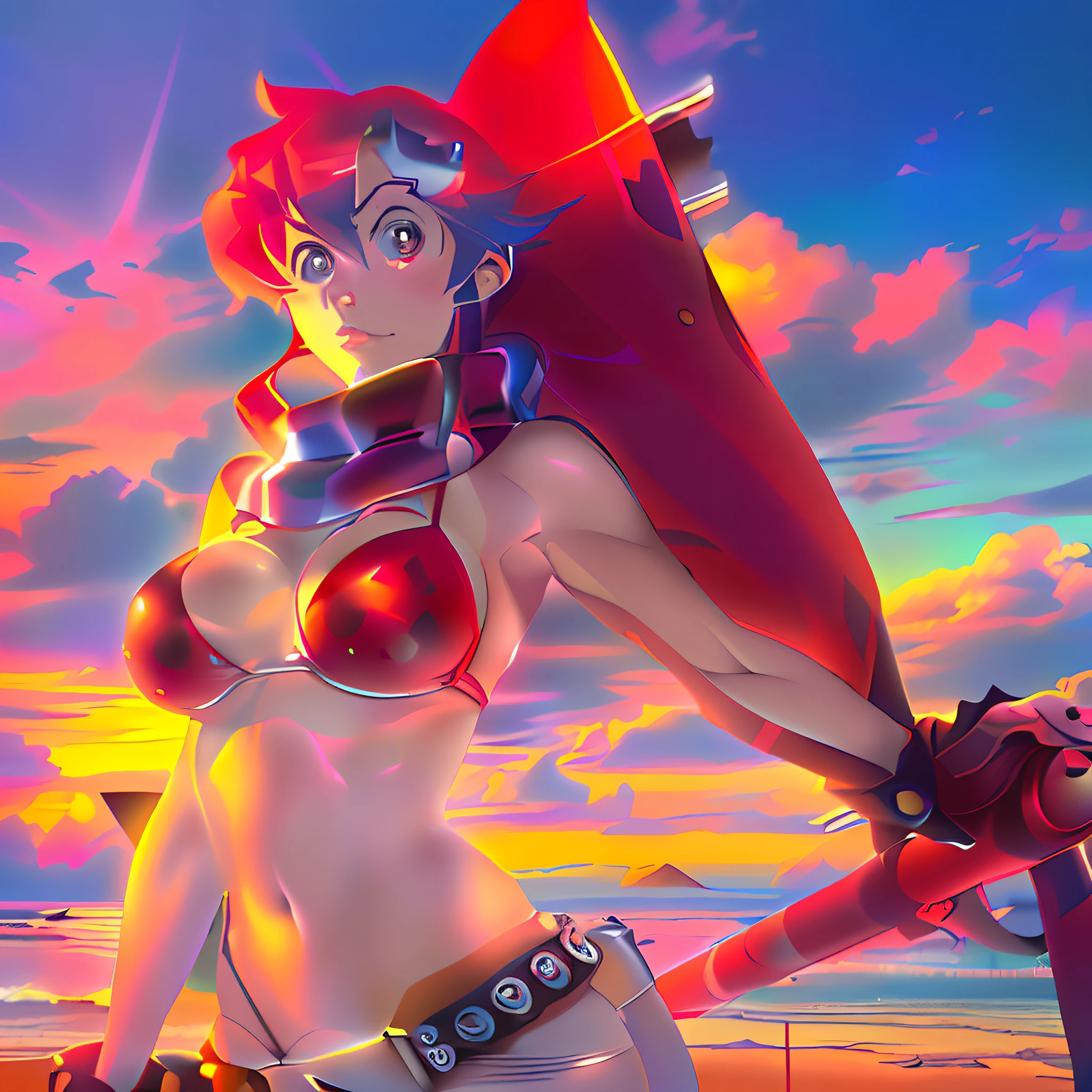 anime character with red hair and a bikini posing on a beach, gurren lagann, gurren lagan, gurenn lagann, style of gurren lagann (2007), asuka as a surfer model, cushart krenz key art feminine, asuka, ryuko matoi, cushart krenz, ((ultra realistic))