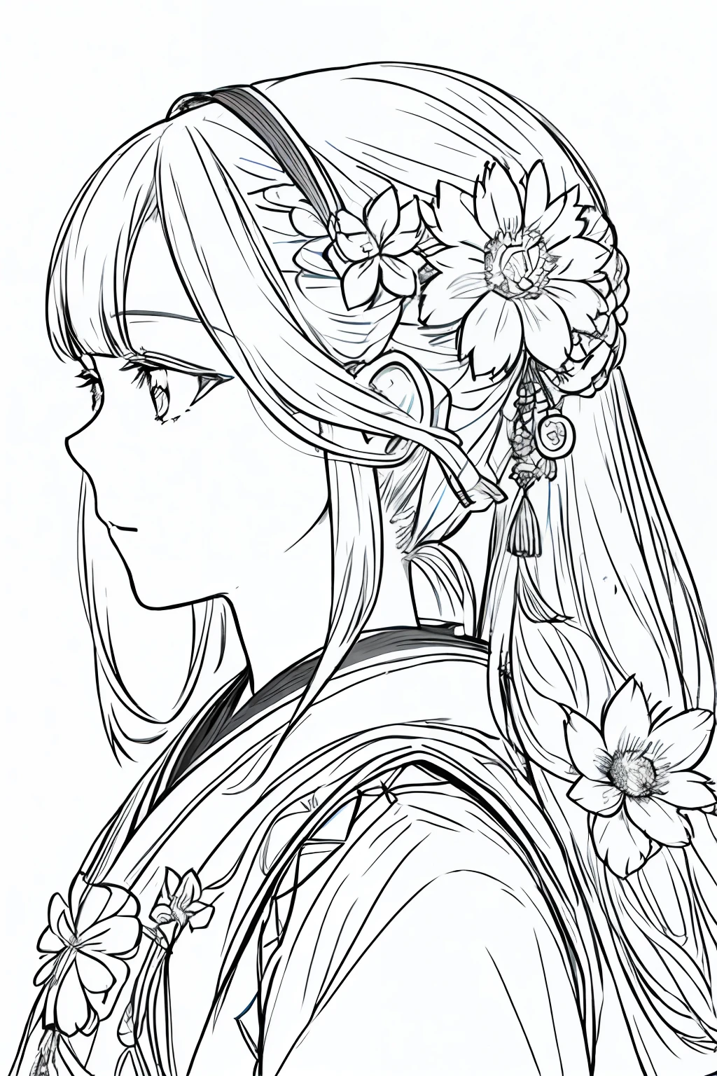 Masterpiece, Acura, 1girl, 独奏, Hanfu, Long hair, profile close-up view, Background for drawing a flower line, whitebackground, Monochrome, Line drawing, ((Sketch))