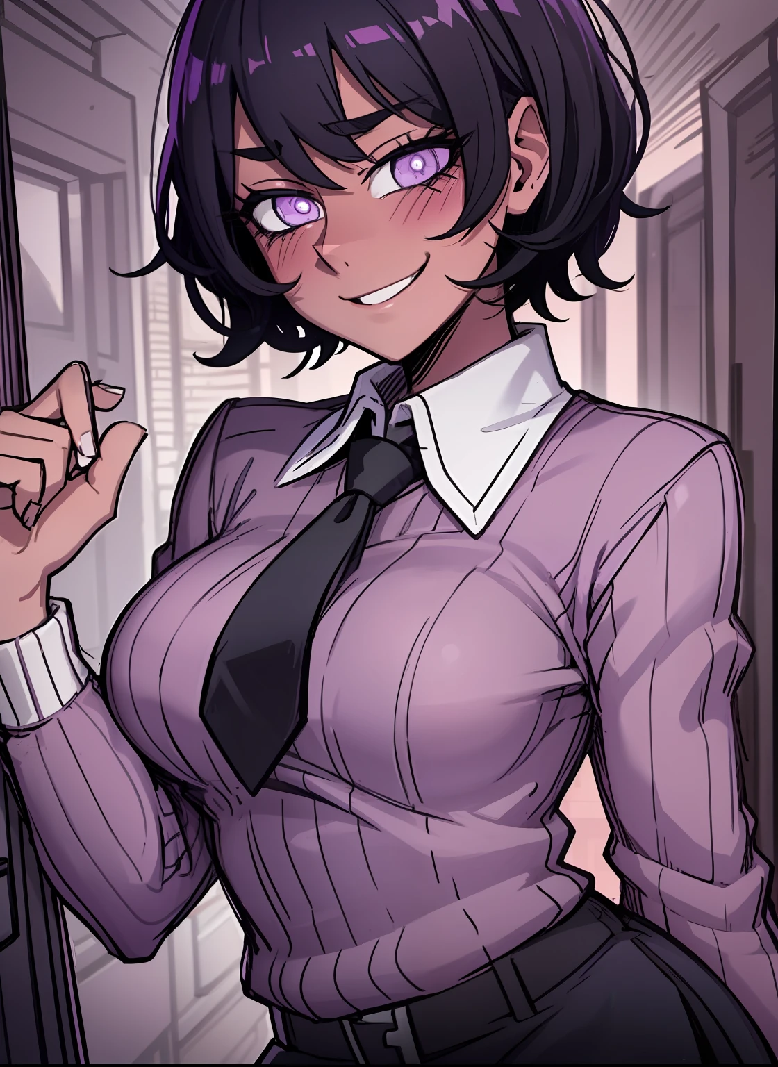 dark skin, short purple black hair, purple pupils, love in eyes, blushing, cute, smug, smile, rolling eyes, purple sweater, green necktie, short skirt, long sleeves, big breasts