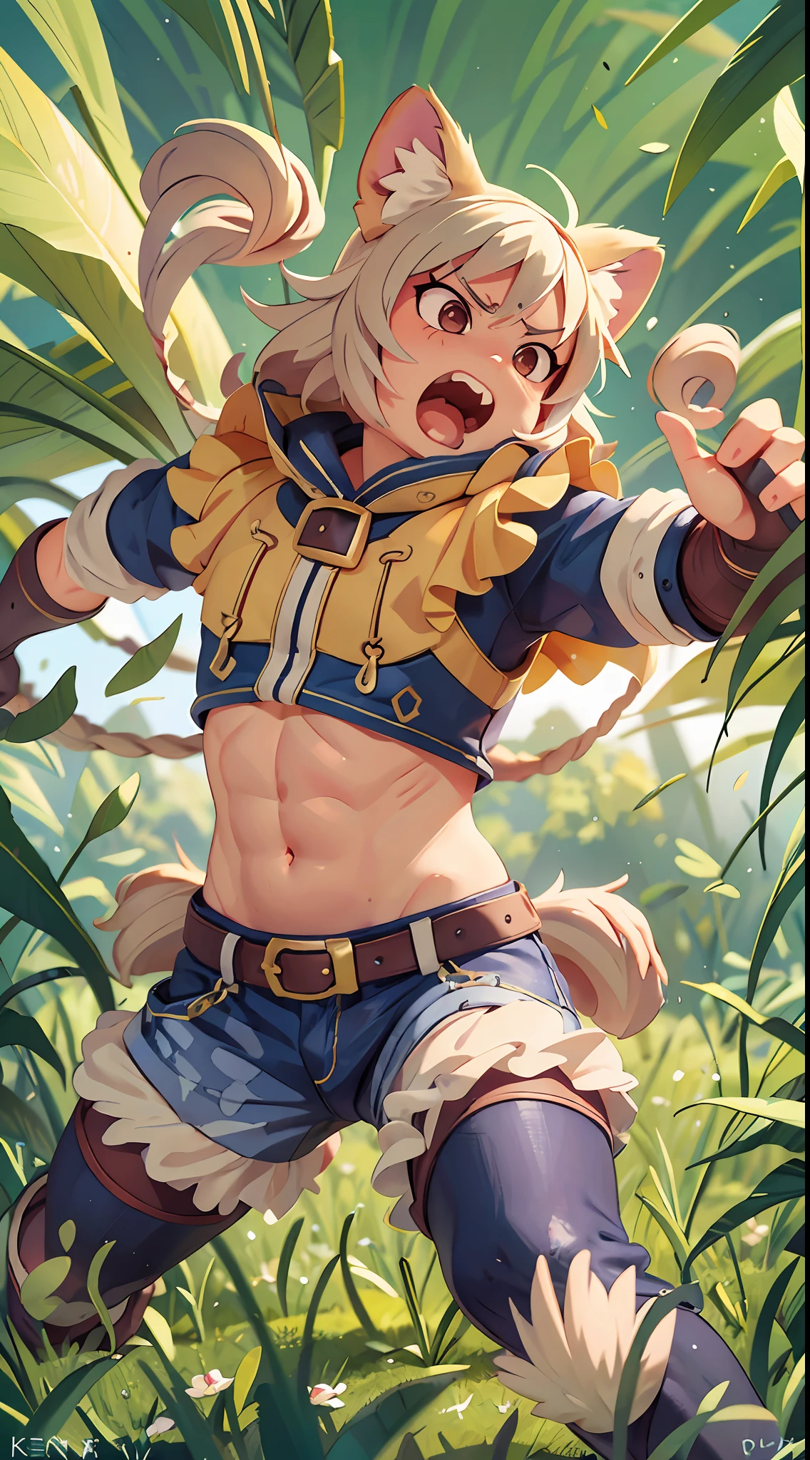 top quality, high-quality illustrations((masterpiece))An extreme perspective with a powerful composition, depth of field, motion blur, absurdres, Perfect Anatomy, magnificent picture of kemono fighting fierce battles, kemono, 1boy, solo focus, screaming, Anthro((dramatic))epic, weapon, dynamic pose, One scene of movie,