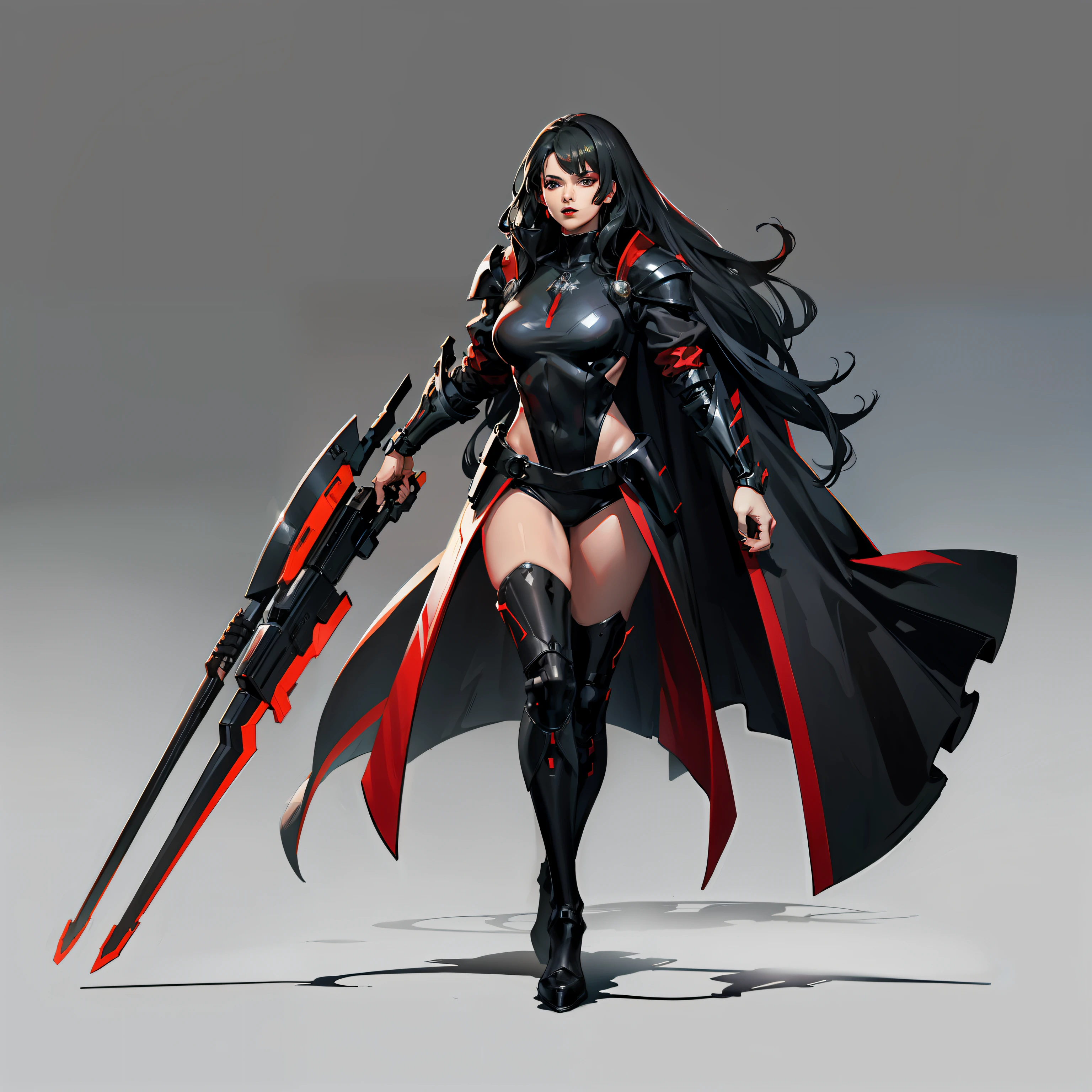 Combat Queen, Futuristic armor, Full body shot, Black , White skin, Black Long Hair, Red Lipstick, No background,