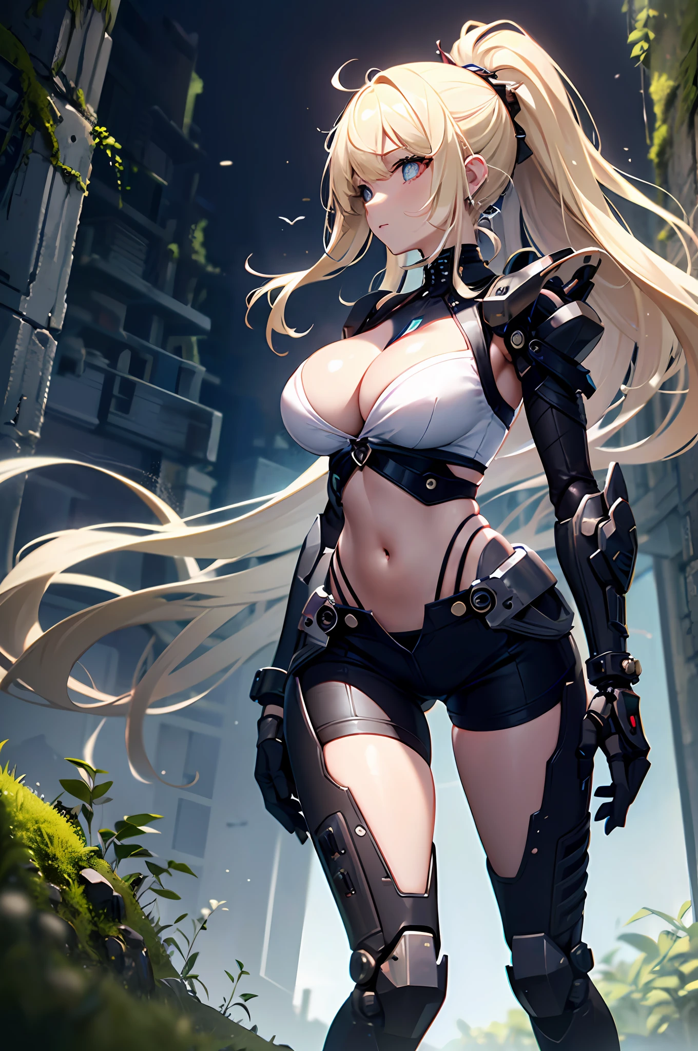 top quality, finely detail, very delicate 8k wallpaper, The beautiful girl's body is a fusion of machine and flesh, solo, blonde long hair, (dark fantasy), (Bio punk:1.5), full body, (exoskeleton suit), (perfect fingers, 4fingers and 1thumb), (mechanical joints, mechanical hand, machine leg), A near-future building covered with moss and a giant mycelium, mechanized insects, flying spores, (bare shoulder, cleavage, navel, zettai_ryouiki),