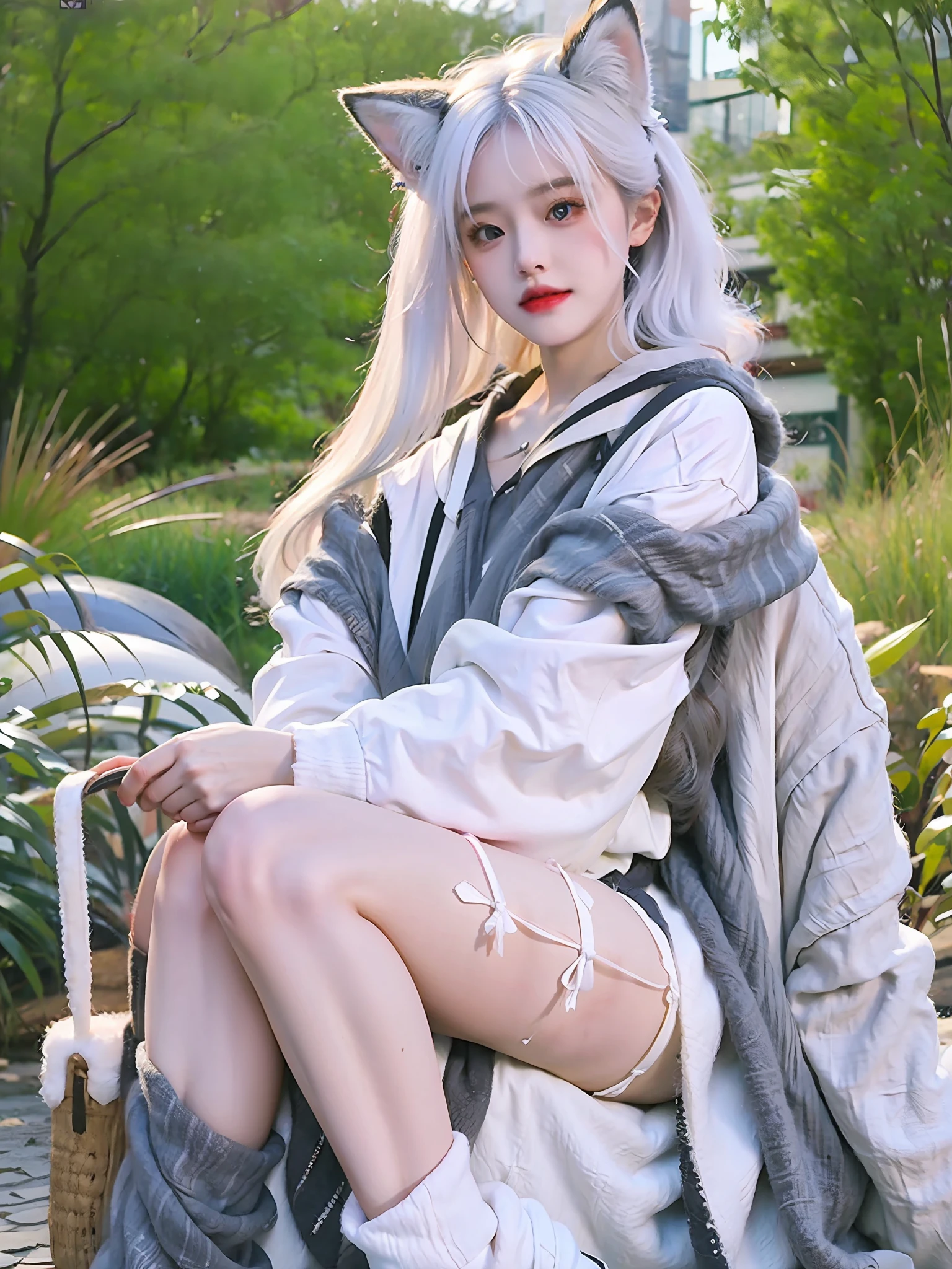 ((4k,masterpiece,best quality)), shuimobysim,，Hanfu, maxiskit, White hair, fox ear, white colors, Pure girl，White silk long legs