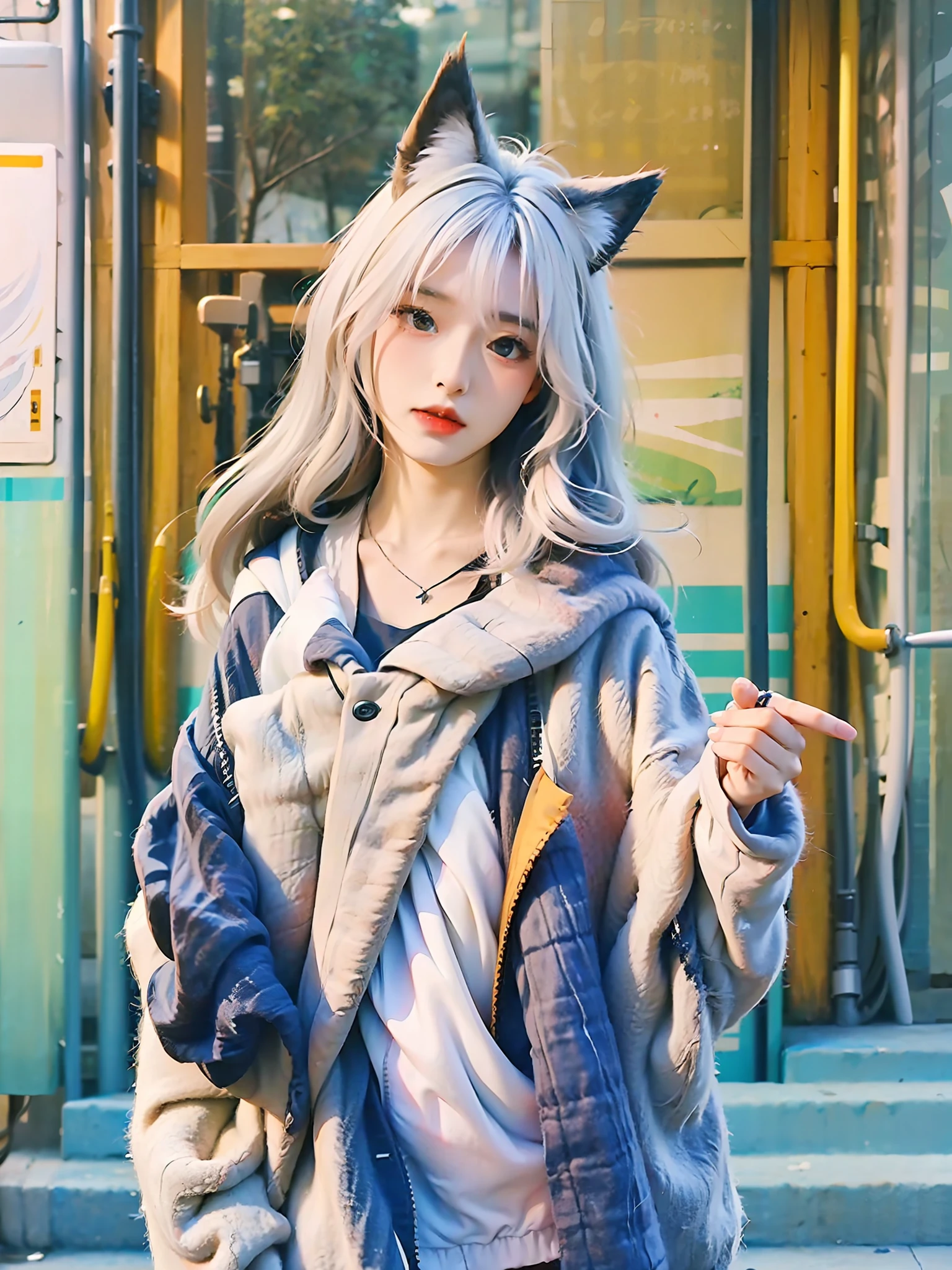 ((4k,masterpiece,best quality)), shuimobysim,,Hanfu, maxiskit, White hair, fox ear, white colors, Pure girl,White silk long legs