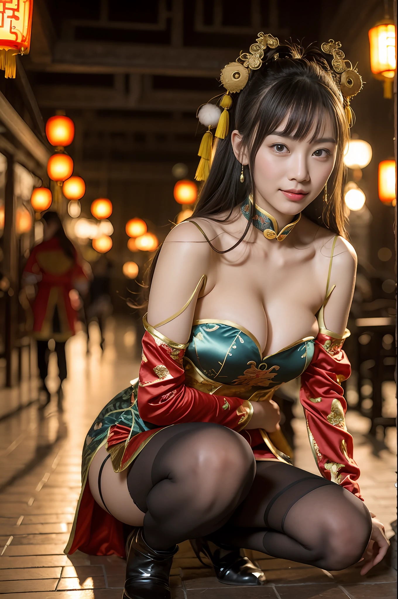(((long Traditional Chinese costumes))),(((view full body))),(((glamorous body shape))),(((bare inner thigh)))、(((show side breast))),(((detached sleeves))),(((over-kneehighs))),ulzzang-6500-v1.1, (Raw photo:1.2), (Photorealsitic:1.4), a beautiful detailed girl, extremely detailed eye and face, beautiful detailed eyes, ultra-detailed, High resolution, top-quality, masterpiece, ighly detailed, 8k wallpaper, magnifica, finely detail, top-quality, Light on the face,电影灯光,1girl in,(Forbidden City during the Ming Dynasty),Beautiful eyes,a smile,Opening Mouth