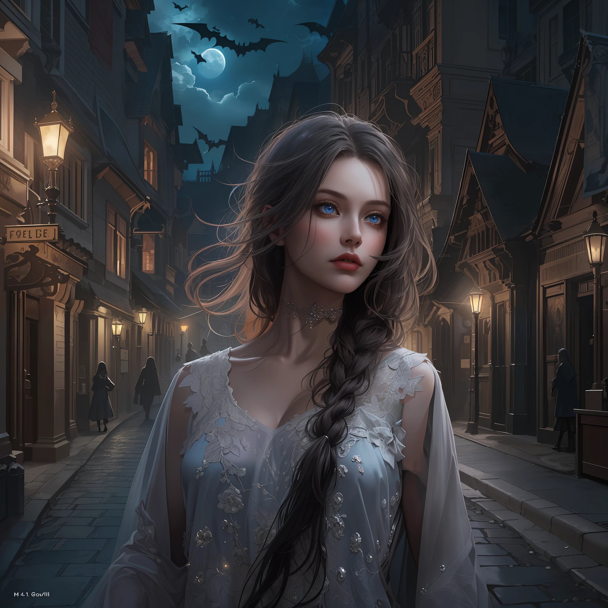 gothic art, dark fantasy art, a picture of a woman walking in a gothic style street at night, medieval street at night (1.6 best details, Masterpiece, best quality), several buildings (1.4 intricate details, Masterpiece, best quality), red roses (1.4 intricate details, Masterpiece, best quality), beautiful woman (1.3 best details, fantasy art, Masterpiece, best quality) Ultra Detailed Face (1.4 intricate details, fantasy art, Masterpiece, best quality), long hair, wavy hair, intense blue eyes, woman walks in the street wearing a white dress (1.4 intricate details, Highly detailed Masterpiece, best quality) Ultra Detailed Face (1.4 intricate details, fantasy art, Masterpiece, best quality) bats flying in background, ,dynamic angle, affraid, gothic atmposphere, moon light, wide angle, ultra wide angle, (8k, Photorealistic, Best Quality: 1.4)