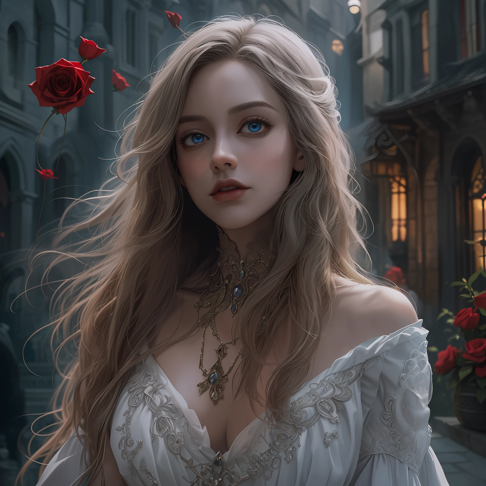 gothic art, dark fantasy art, a picture of a woman walking in a gothic style street at night, medieval street at night (1.6 best details, Masterpiece, best quality), several buildings (1.4 intricate details, Masterpiece, best quality), red roses (1.4 intricate details, Masterpiece, best quality), beautiful woman (1.3 best details, fantasy art, Masterpiece, best quality) Ultra Detailed Face (1.4 intricate details, fantasy art, Masterpiece, best quality), long hair, wavy hair, intense blue eyes, woman walks in the street wearing a white dress (1.4 intricate details, Highly detailed Masterpiece, best quality) Ultra Detailed Face (1.4 intricate details, fantasy art, Masterpiece, best quality),dynamic angle, affraid, gothic atmposphere, moon light, wide angle, ultra wide angle, (8k, Photorealistic, Best Quality: 1.4)