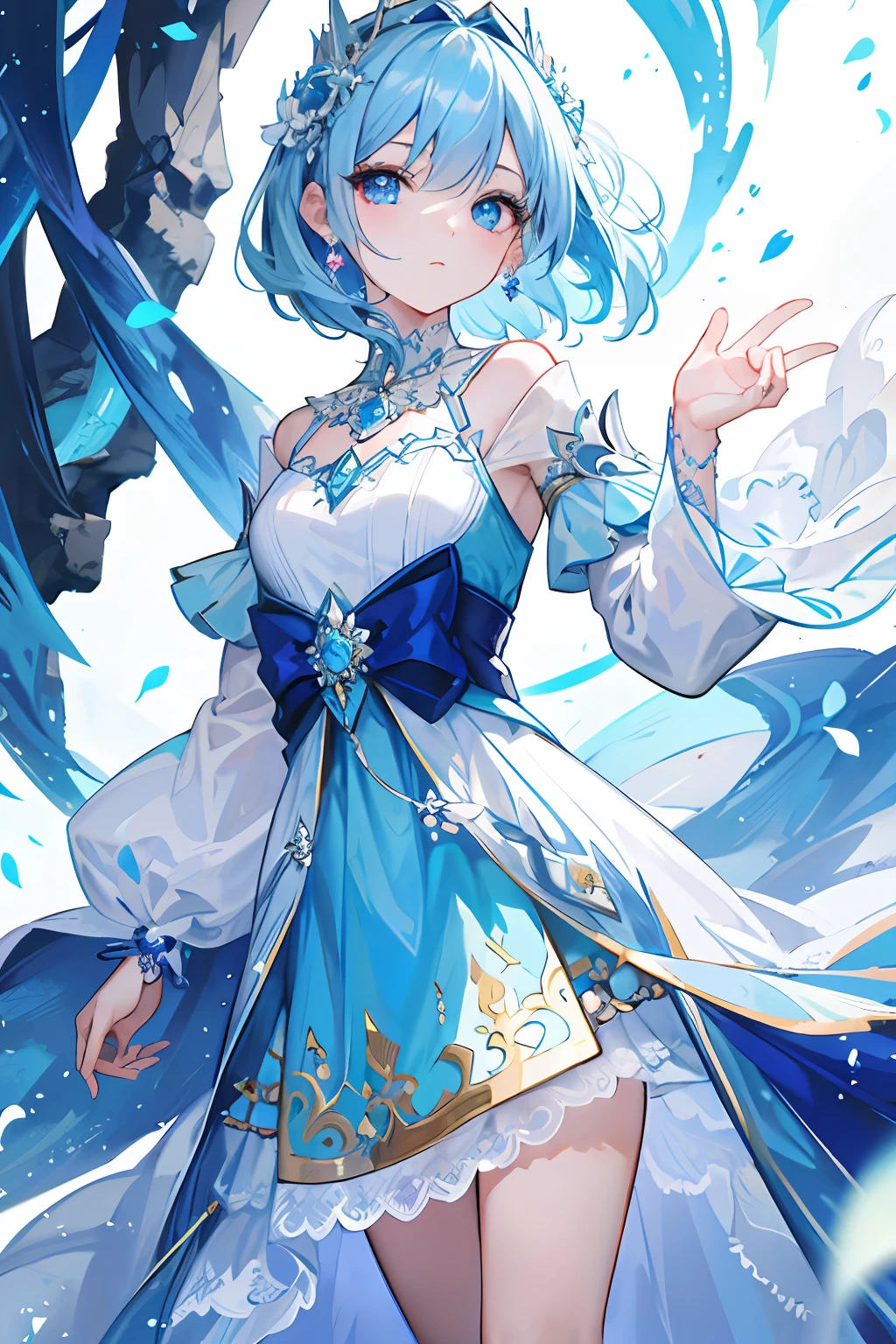 One girl、Pedras preciosas、Jewelry Dresses、Beautiful fece、cute little、masterpiece、top-quality、Jewelry Background、beatiful backgrounds、tiarra、lightblue hair、blue eyess、doress