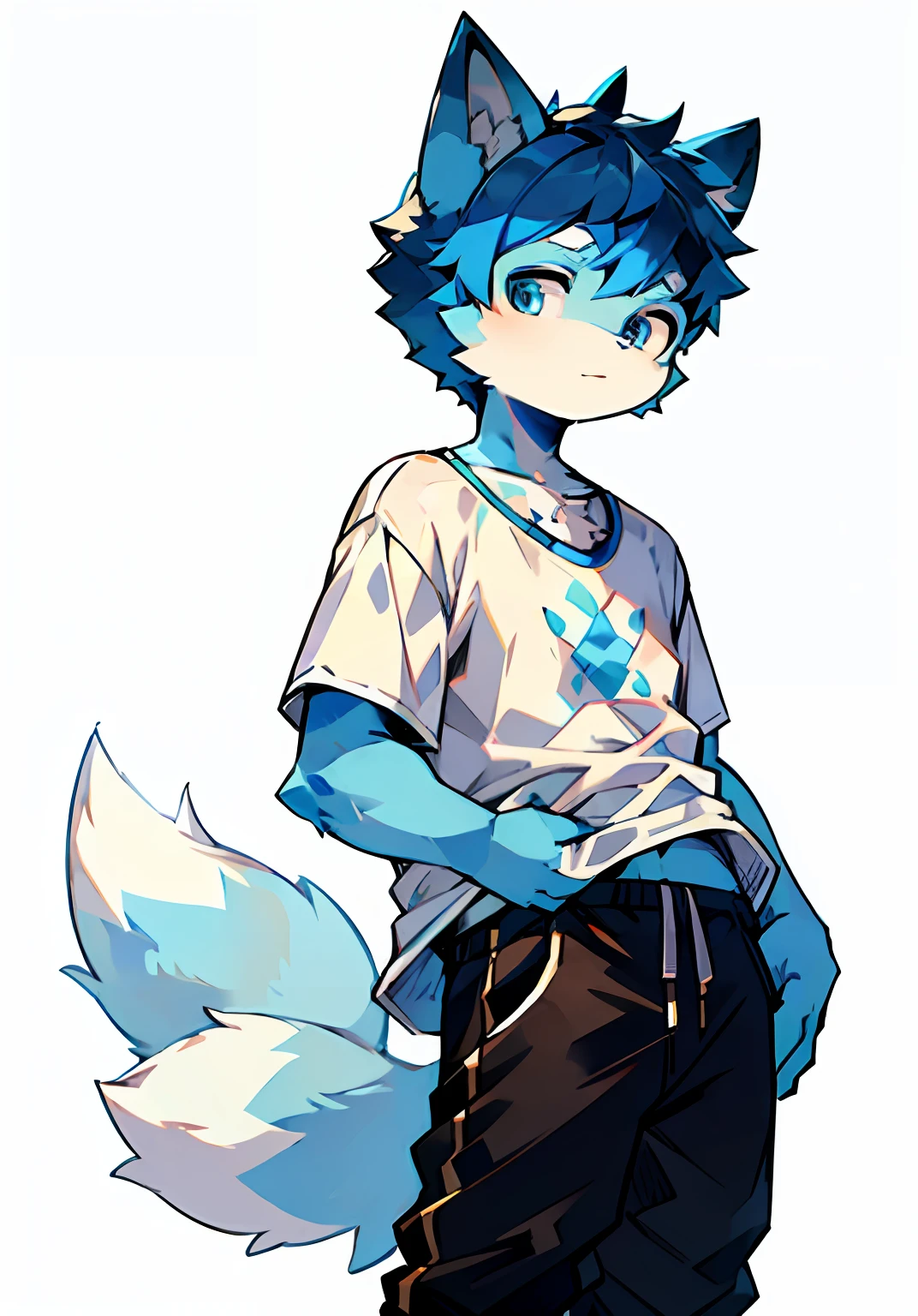 A cat with white hair and blue body, short hair,whaite hair,Cat ears,Blue hairs everywhere,Big fluffy tail,Humanoid,adolable,shorter pants,The shirt,Humanity,shaggy male,Thin,eBlue eyes,Black shorts