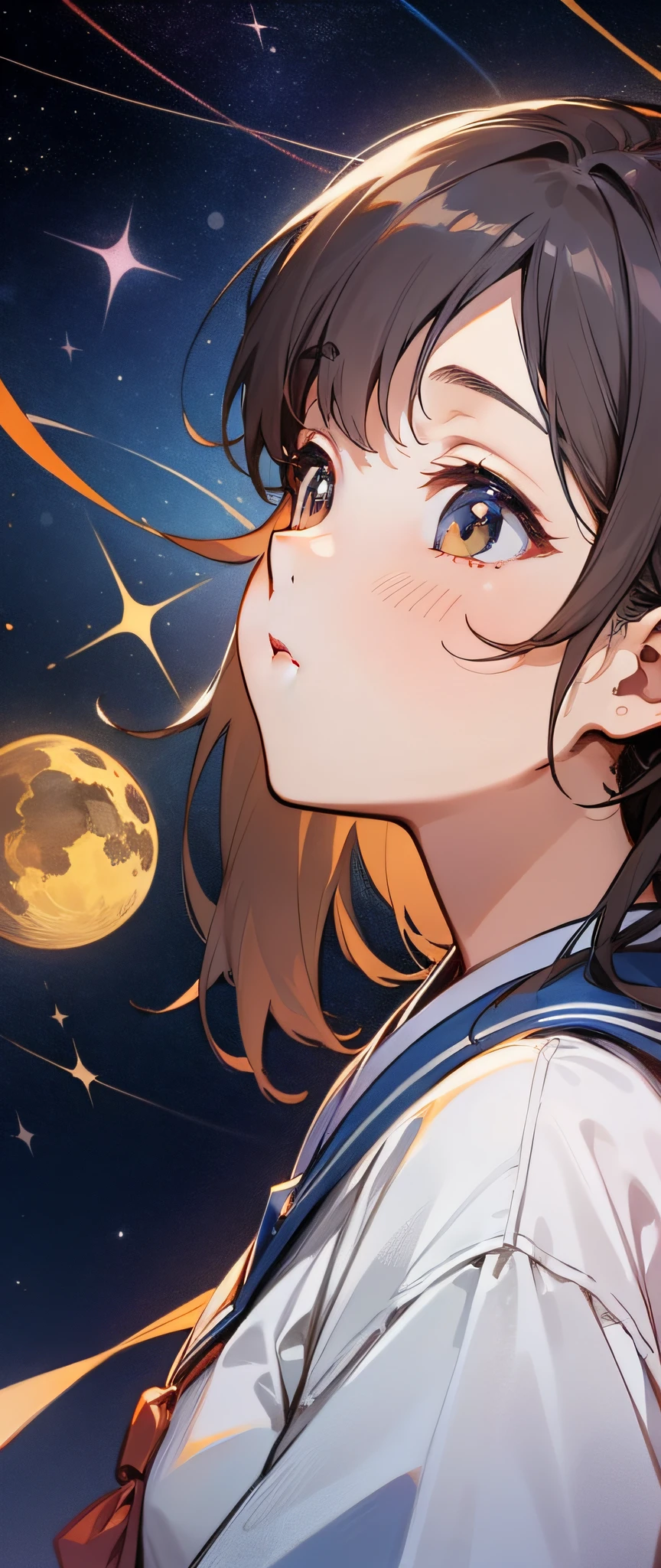 top-quality、Calm illustration、Neat and clean uniform、Japan high school girl looking up at the starry sky、beautiful countenance、Beautiful deep starry sky、Department of Astronomy、Dark hair