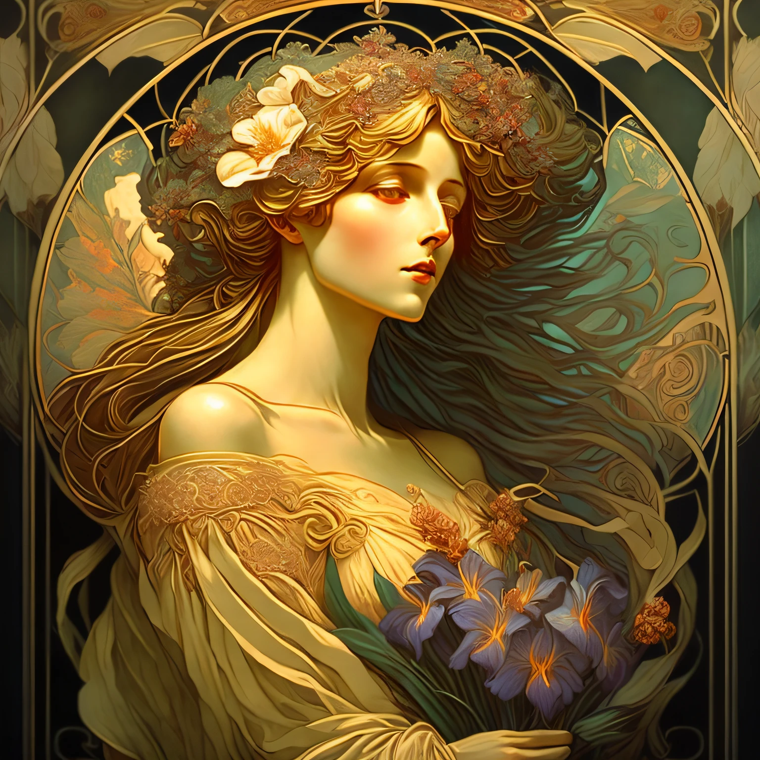 Mucha style，blossoms，the lilies，iris compiet，Bouquet in hand， --auto