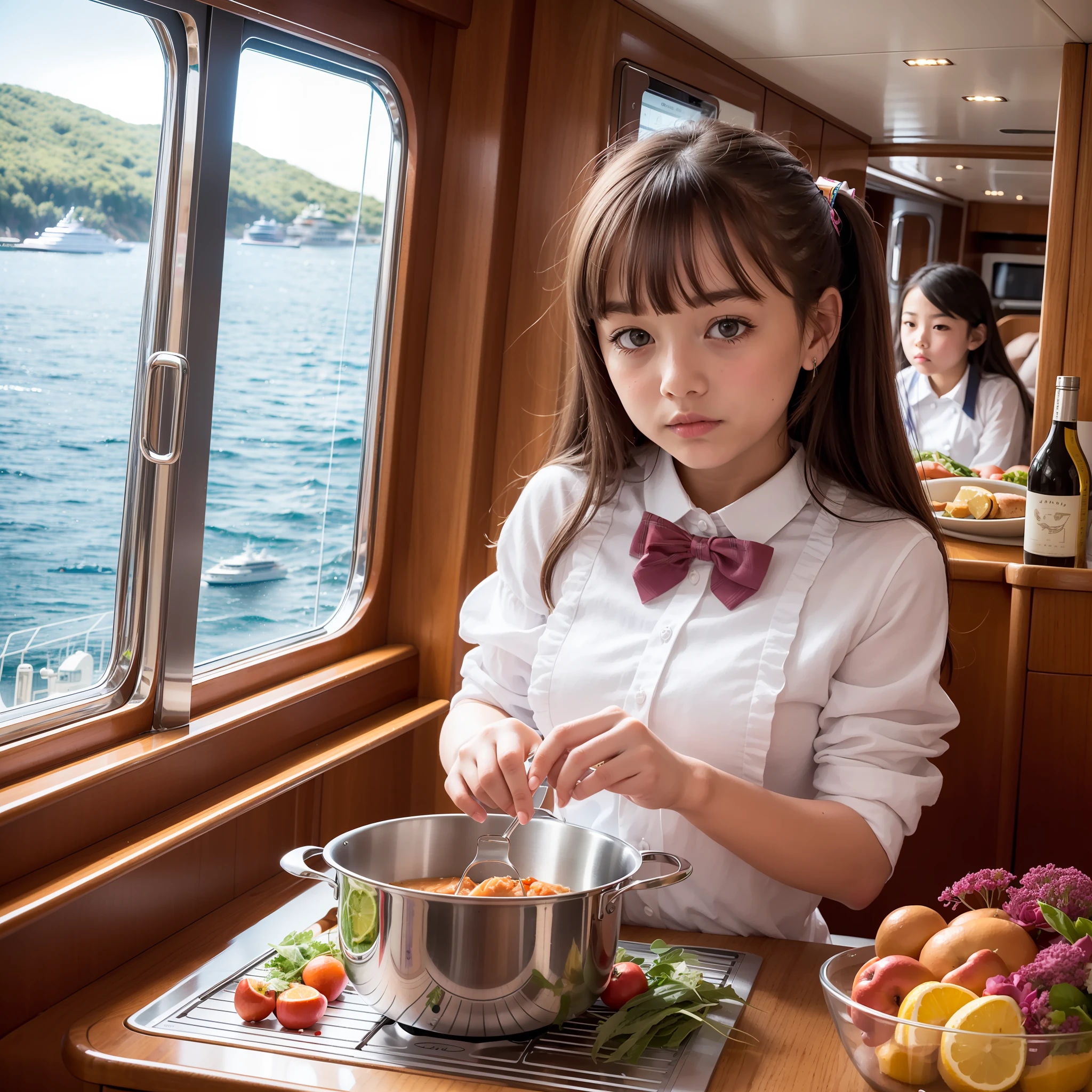 On a super-large cruise ship，Five delicate cute little girls with upturned asses，junior school student，Cooking in the yacht