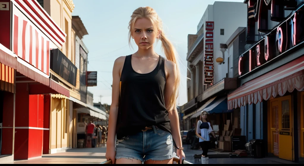 movie scene, cinematic, girl, blonde, long hair, straight hair, visible forehead, ponytail, thick eyebrows, blue eyes, big eyes, skinny, white tank top, shorts, black half boots, holding large wooden hammer, standing in front of circus, golden hour