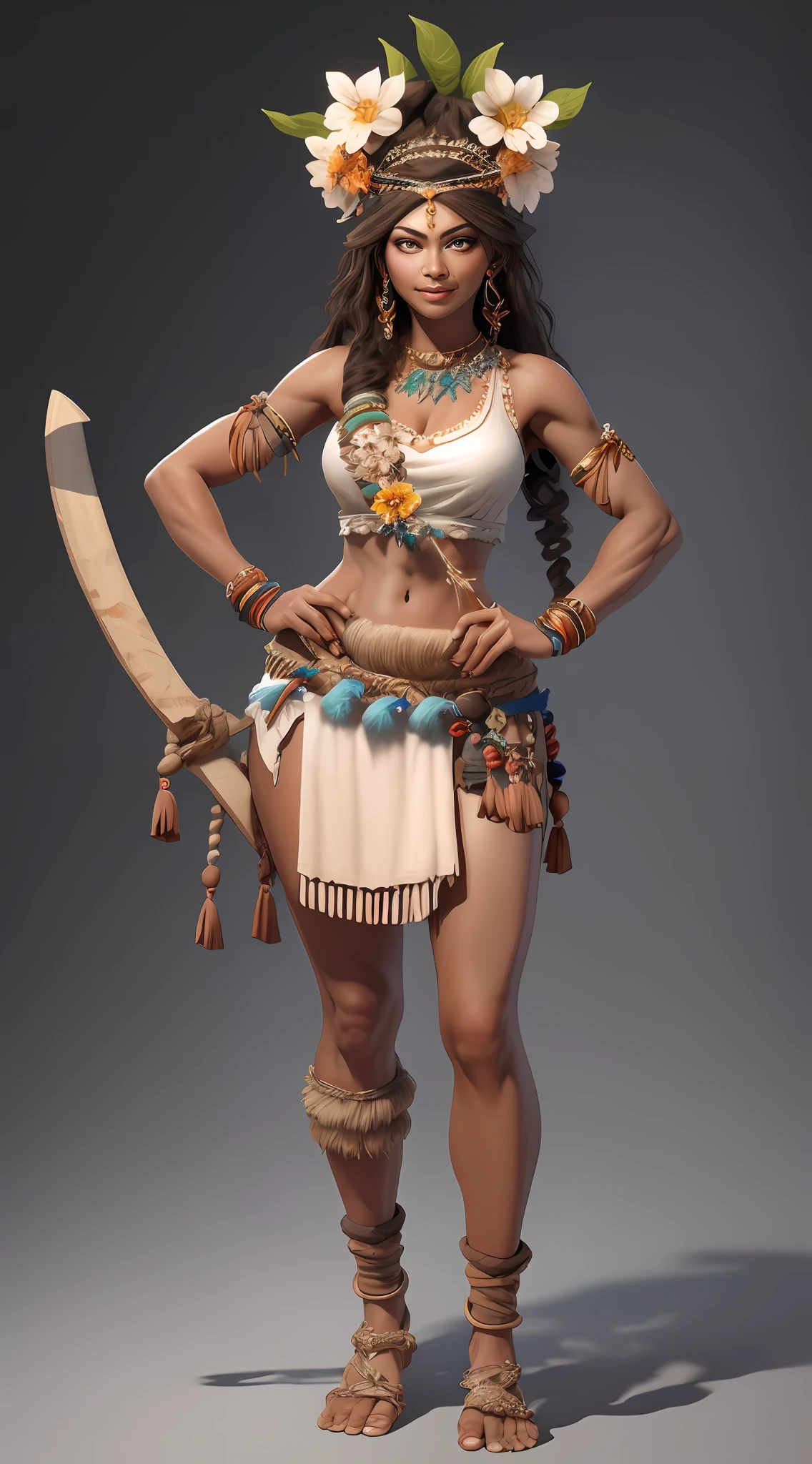 1 beautiful woman、Full body like,Wears a flower headband on his headband,Primitive barbarian style,highly details eye、详细的脸,Full body standing painting,dynamicposes,white backgrounid,tmasterpiece,best qualtiy,Best resolution,8K,